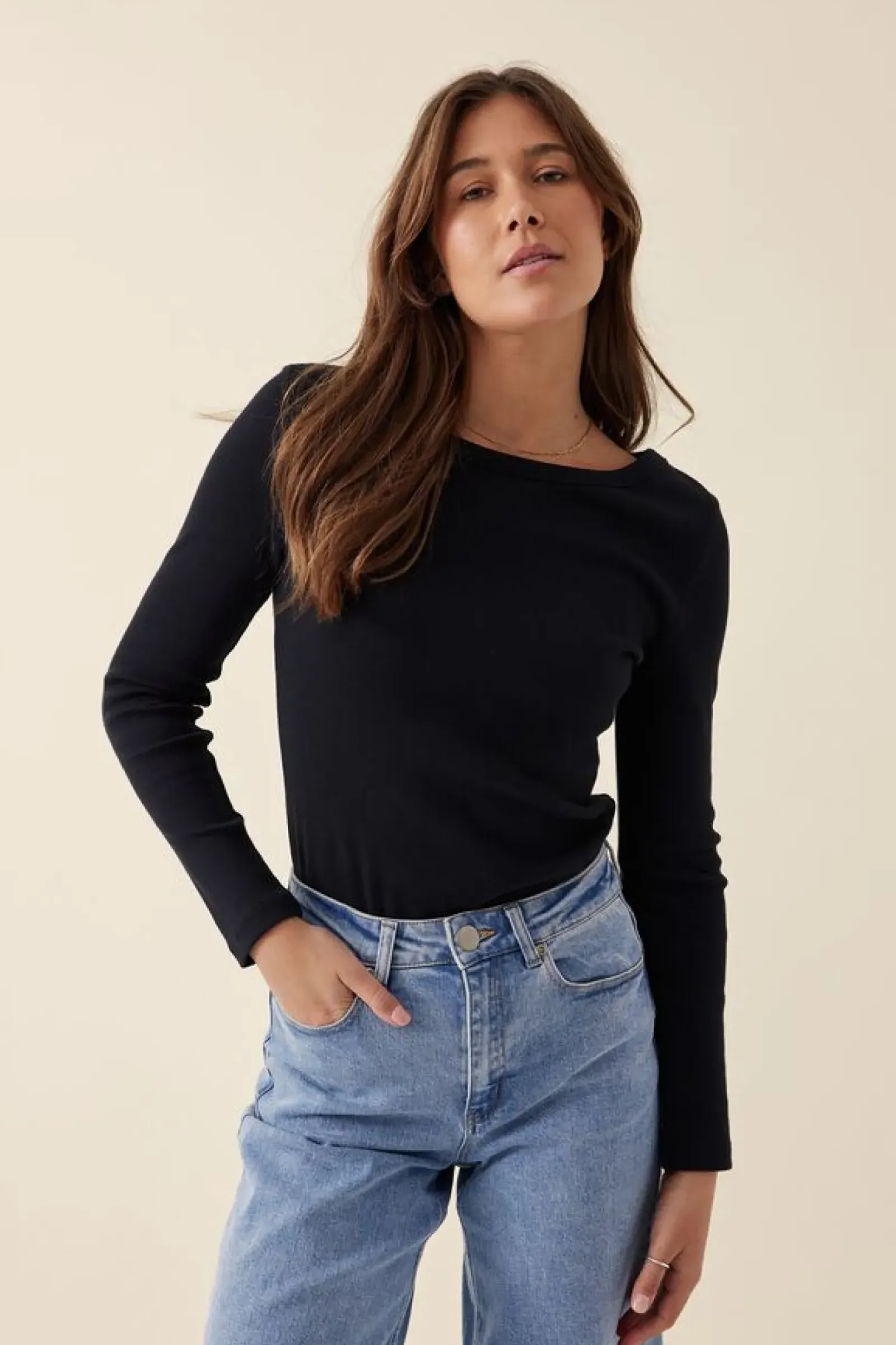Ceres Life Organic Rib Long Sleeve Top - Black Fashion