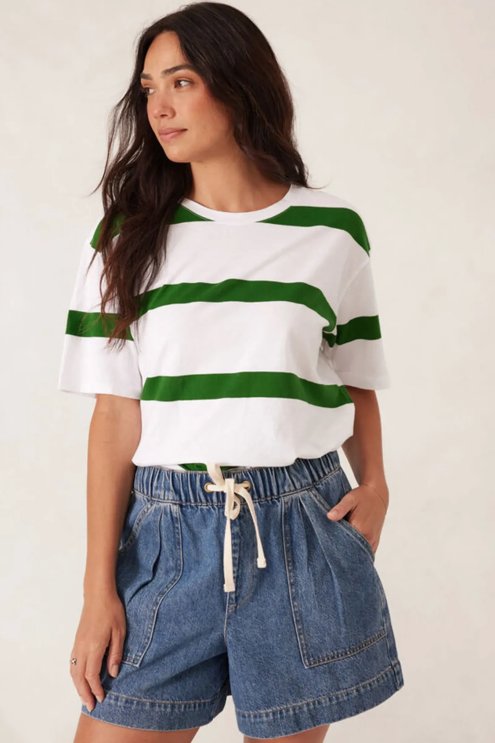 Ceres Life Slouchy Split Hem Tee - Winter Green Bold Stripe Outlet