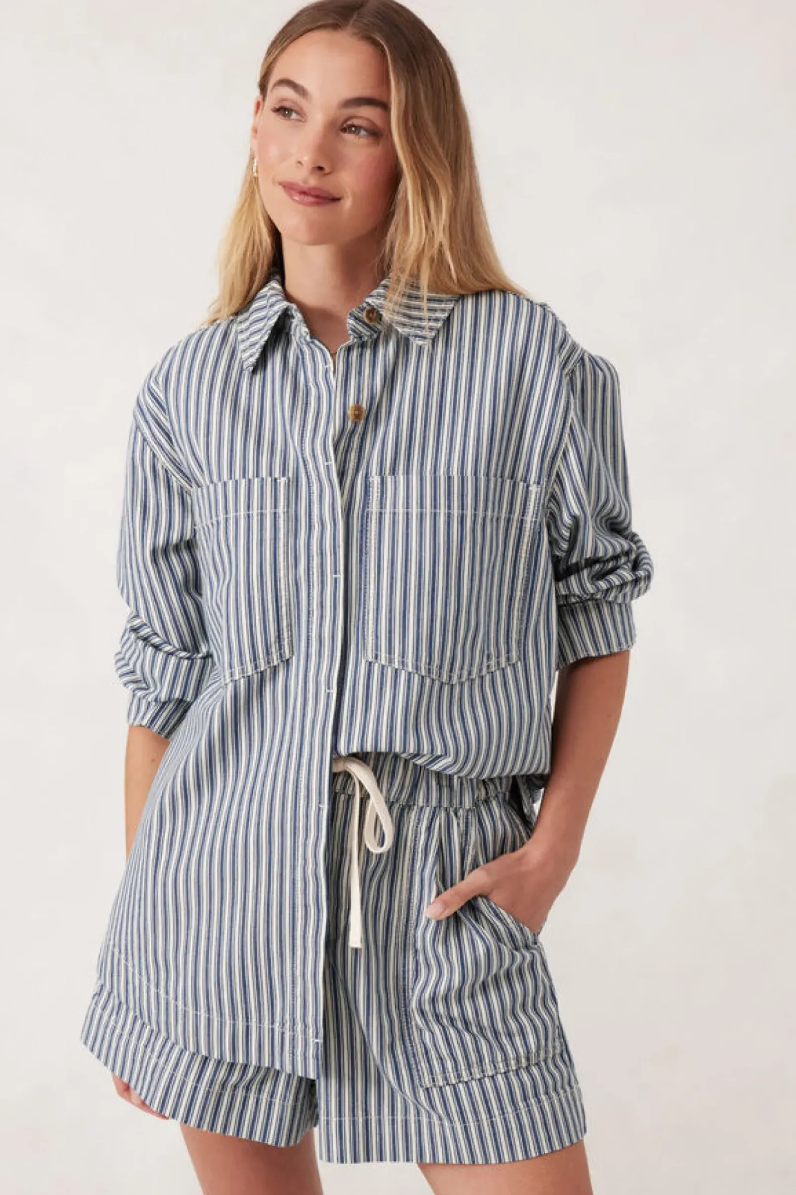 Ceres Life Curved Hem Shacket - Lagoon Blue Stripe Best