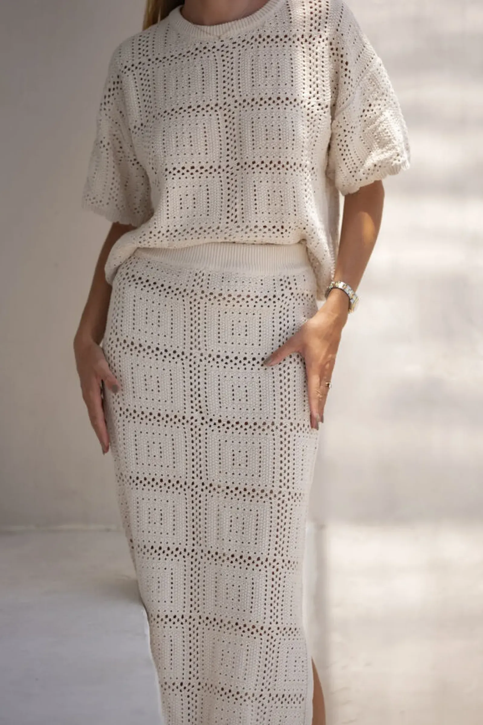 Ceres Life Square Knit Midi Skirt - Ecru Hot