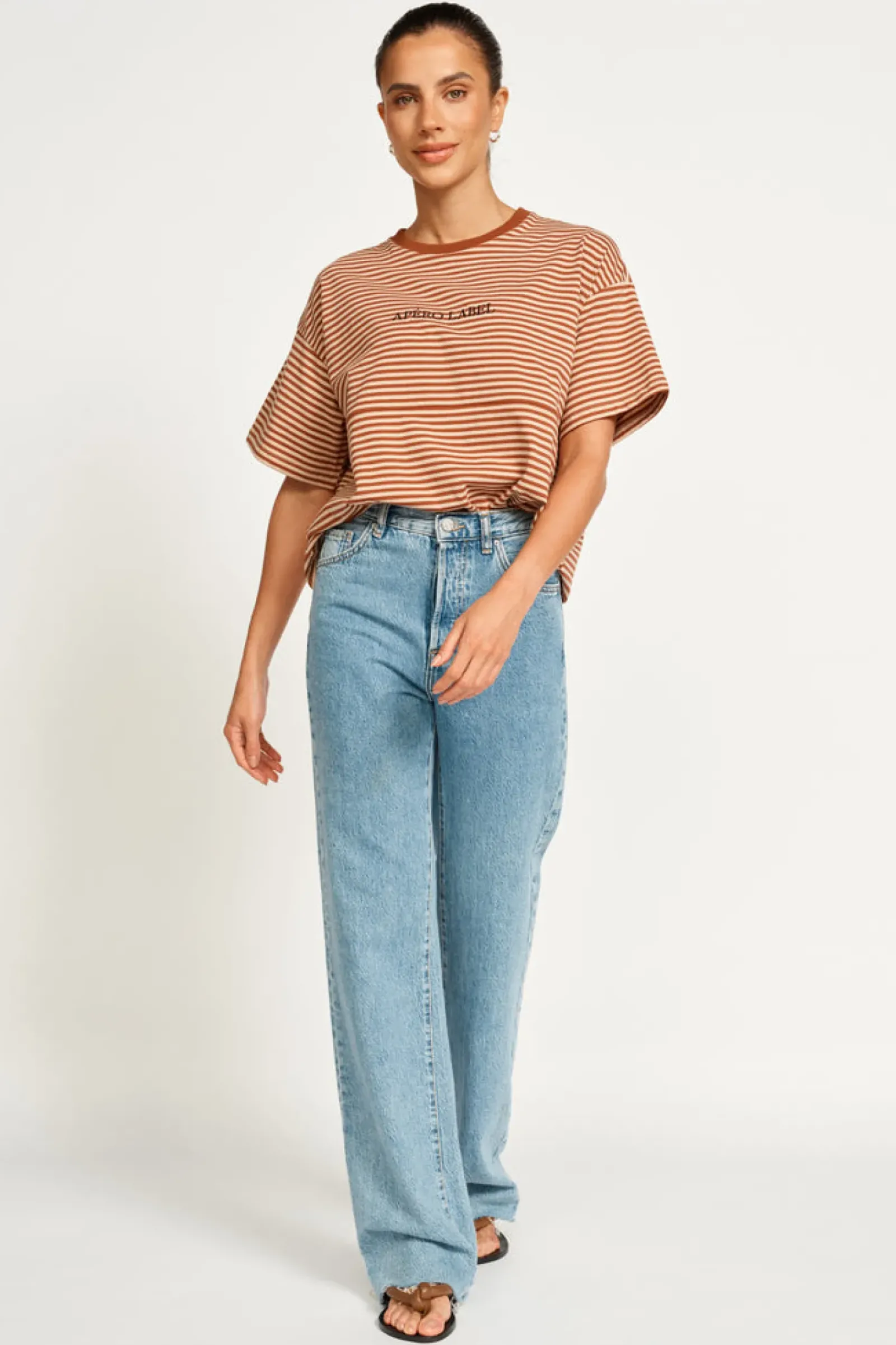 Apero Vintage Drop Shoulder Cropped Tee - Brown/Tan Stripe Outlet