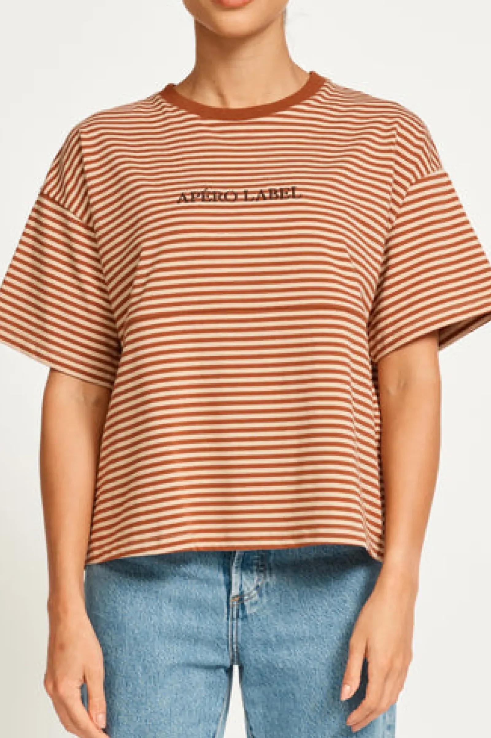 Apero Vintage Drop Shoulder Cropped Tee - Brown/Tan Stripe Outlet