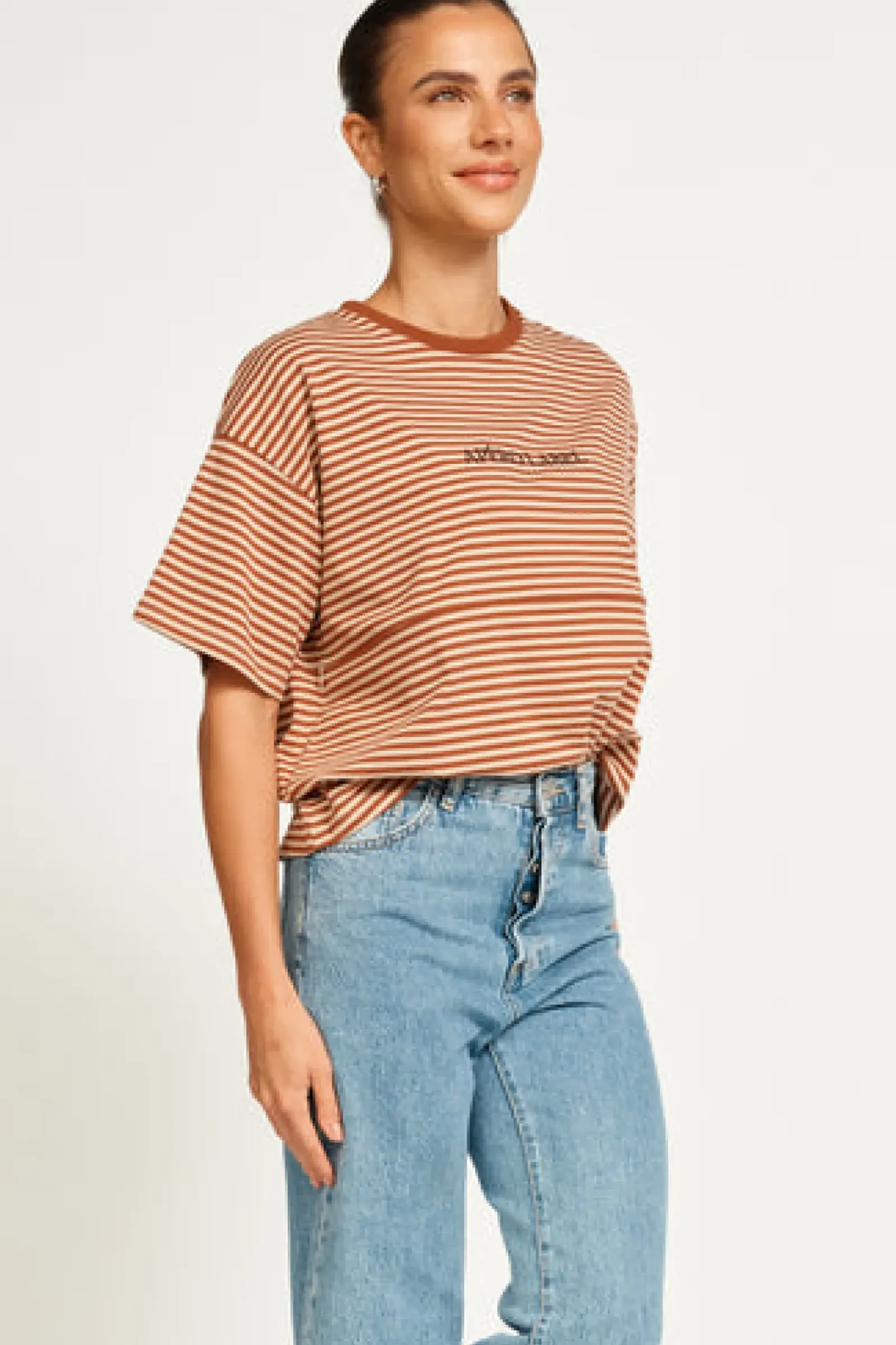 Apero Vintage Drop Shoulder Cropped Tee - Brown/Tan Stripe Outlet
