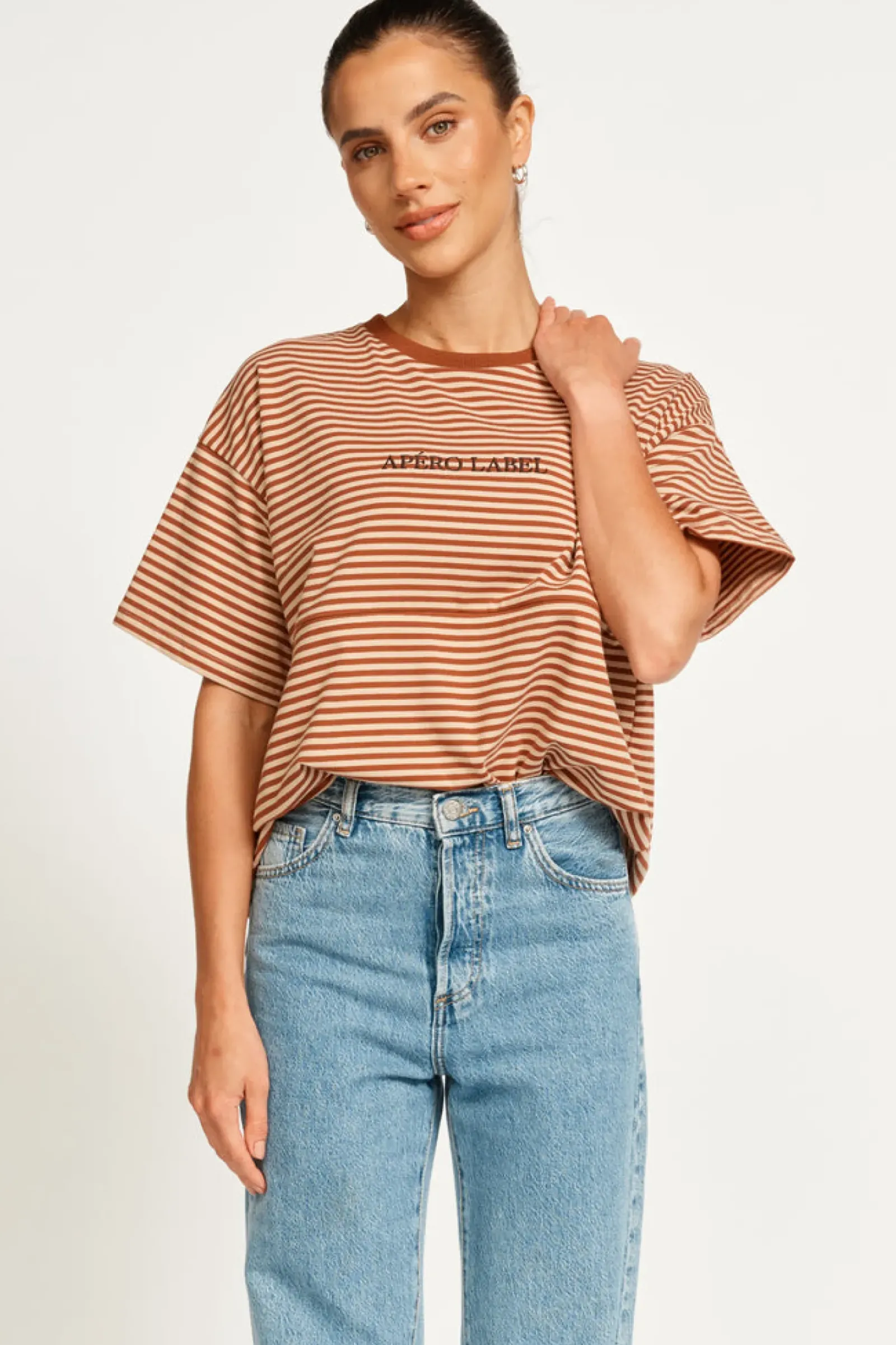 Apero Vintage Drop Shoulder Cropped Tee - Brown/Tan Stripe Outlet