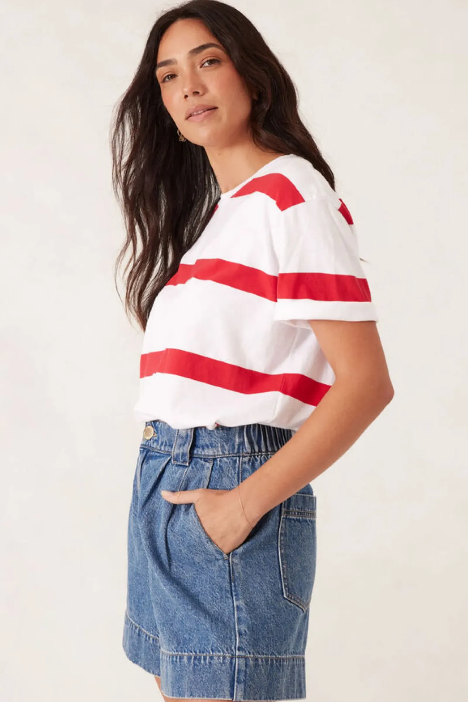 Ceres Life Slouchy Split Hem Tee - White/Heritage Red Bold Stripe Sale