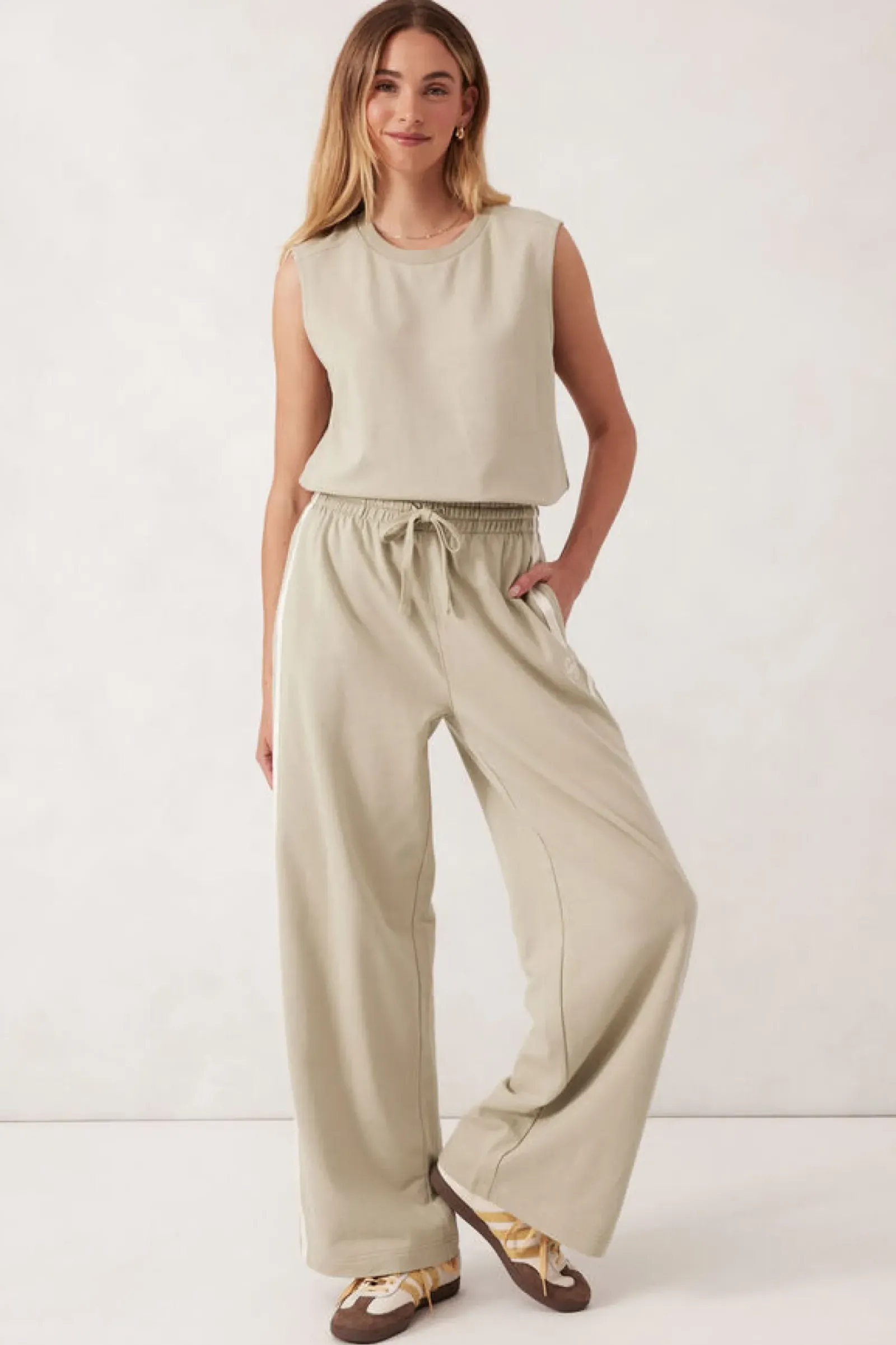 Ceres Life Wide Leg Terry Trackpant - Matcha Side Stripe Outlet