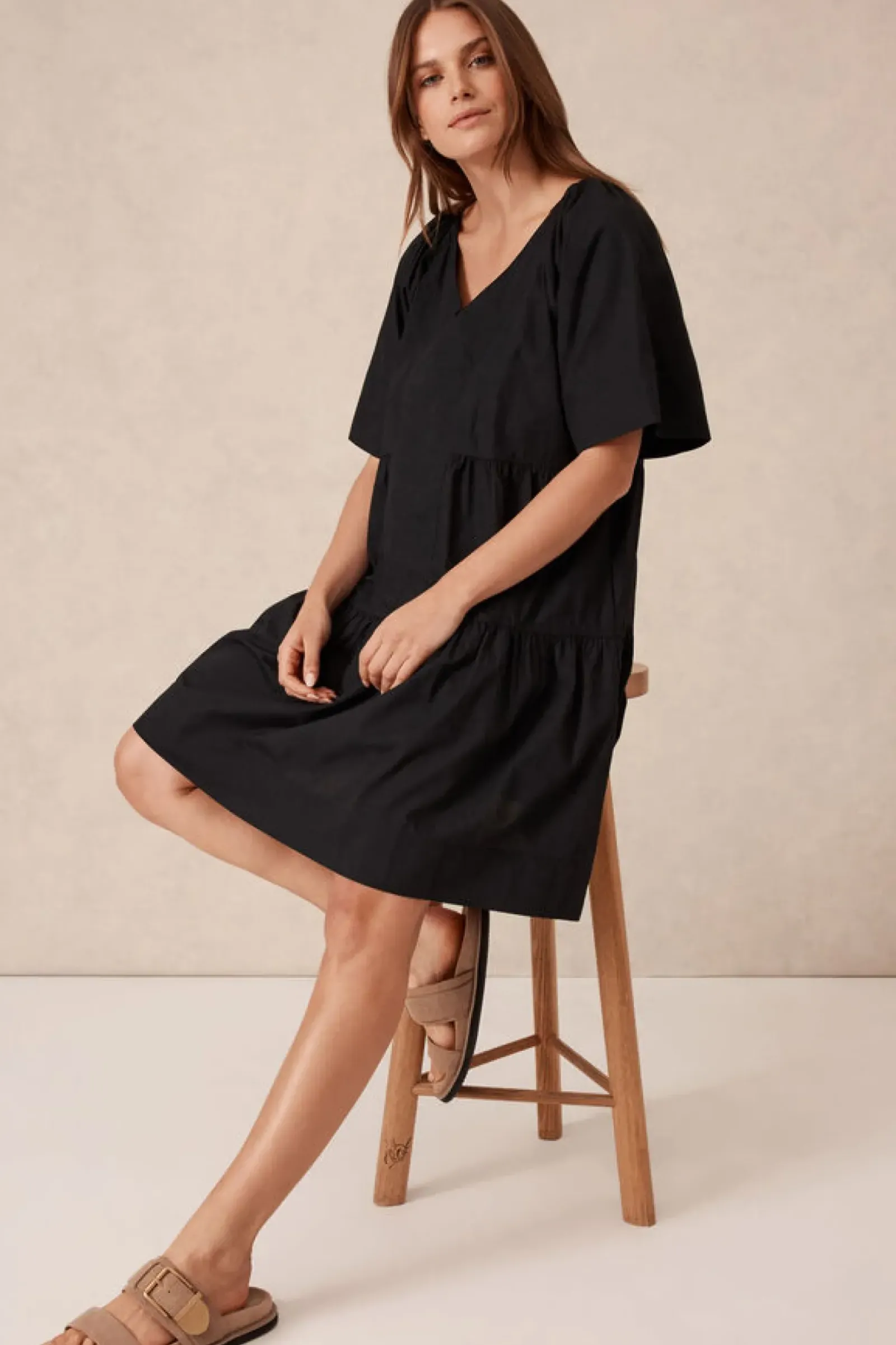 Ceres Life Tiered Poplin Mini Dress - Black Sale