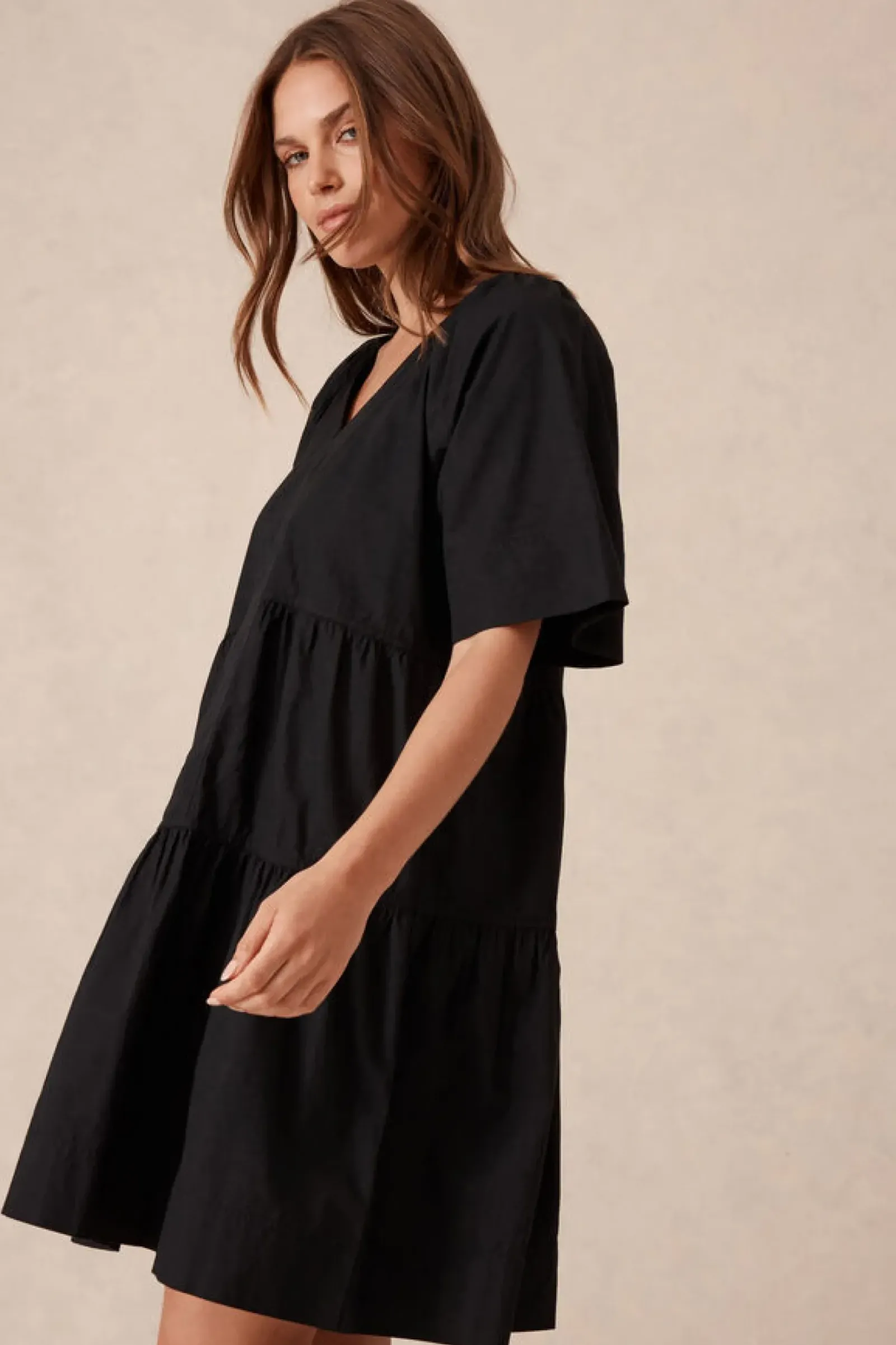 Ceres Life Tiered Poplin Mini Dress - Black Sale