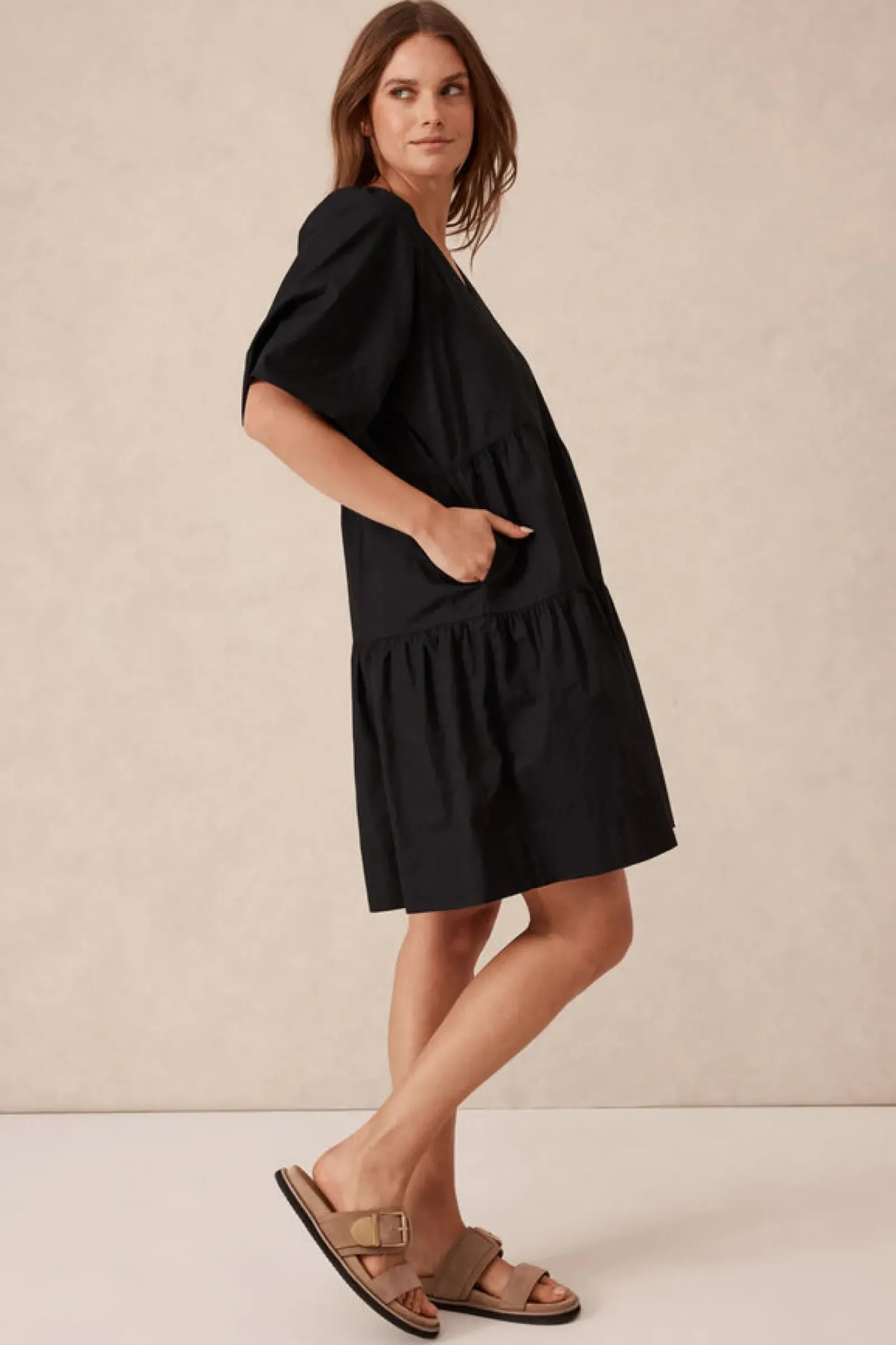 Ceres Life Tiered Poplin Mini Dress - Black Sale