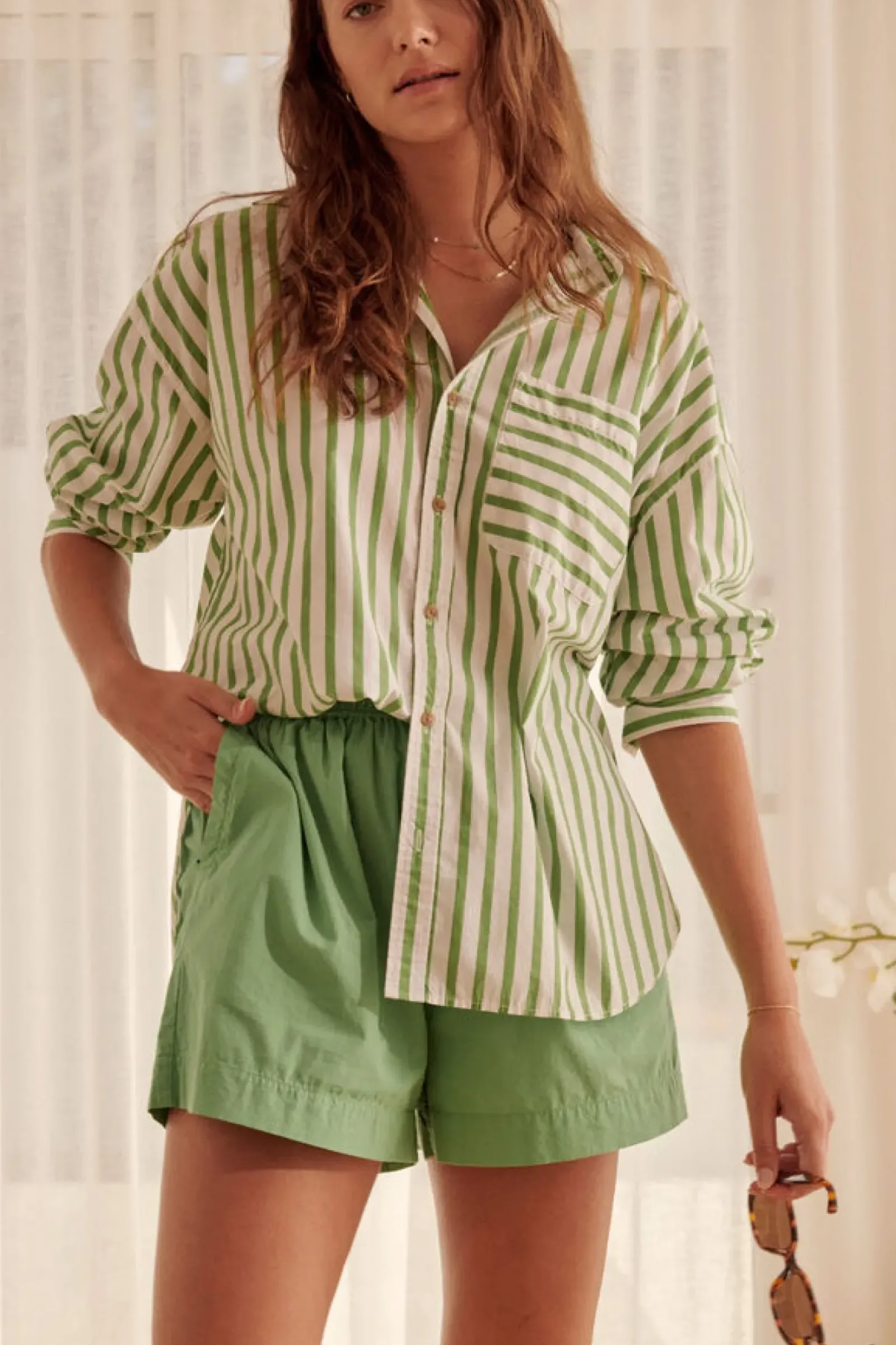 Ceres Life Oversized Organic Cotton Poplin Shirt - Splash Green White Stripe Online