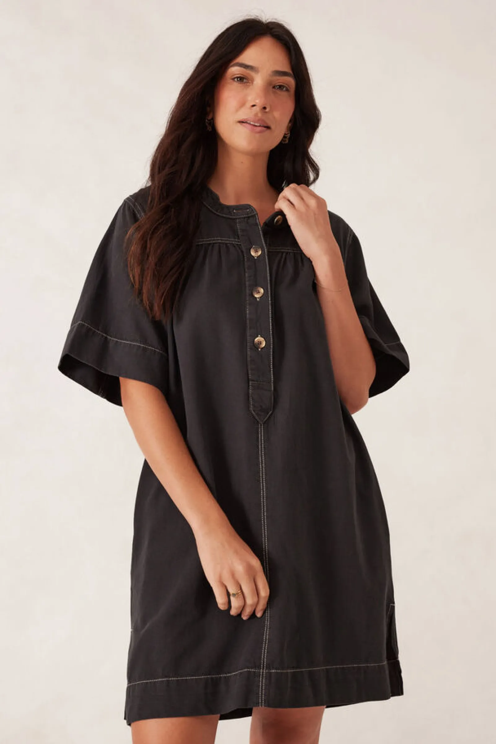 Ceres Life Half Placket Tunic Dress- Black Twill Best