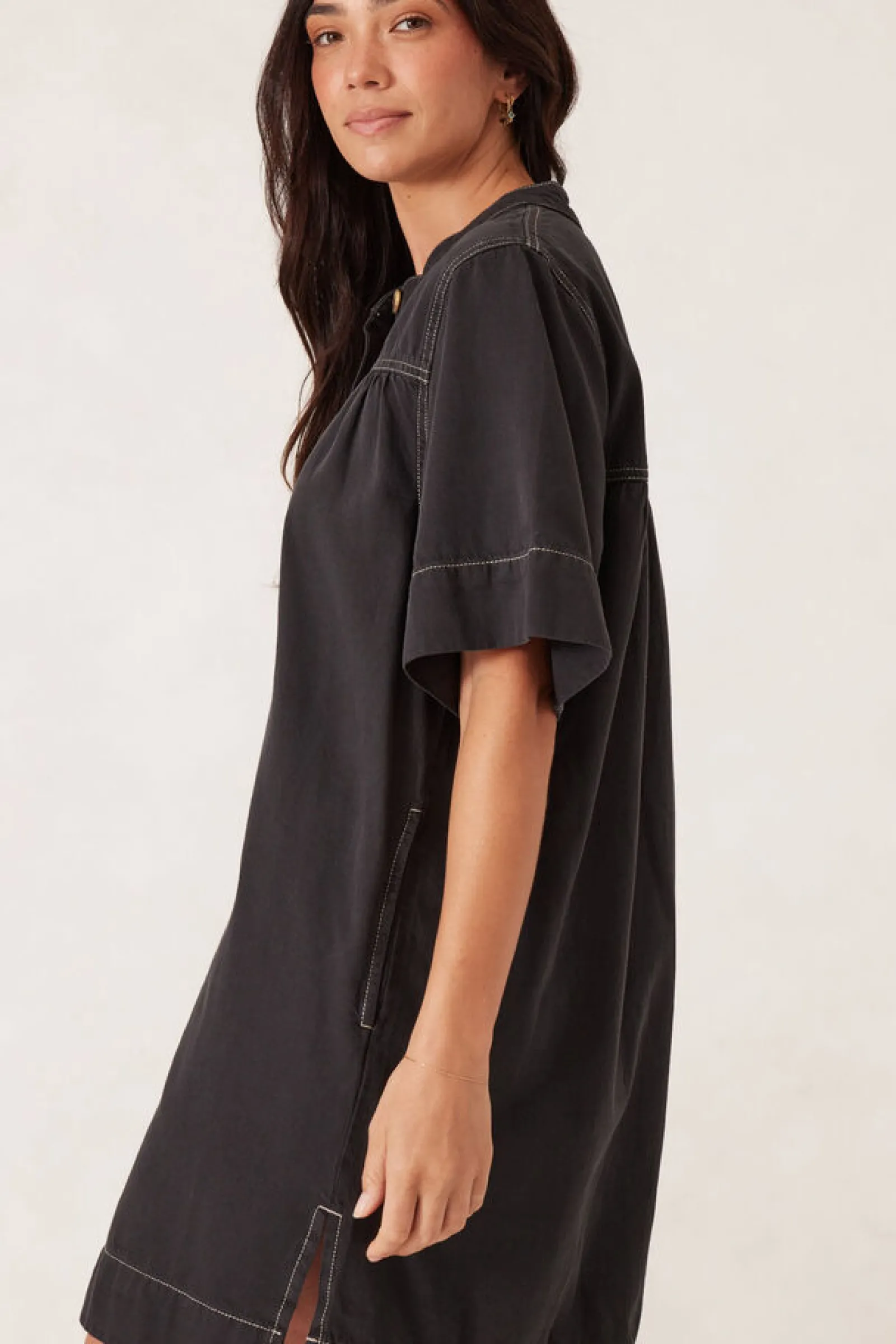 Ceres Life Half Placket Tunic Dress- Black Twill Best