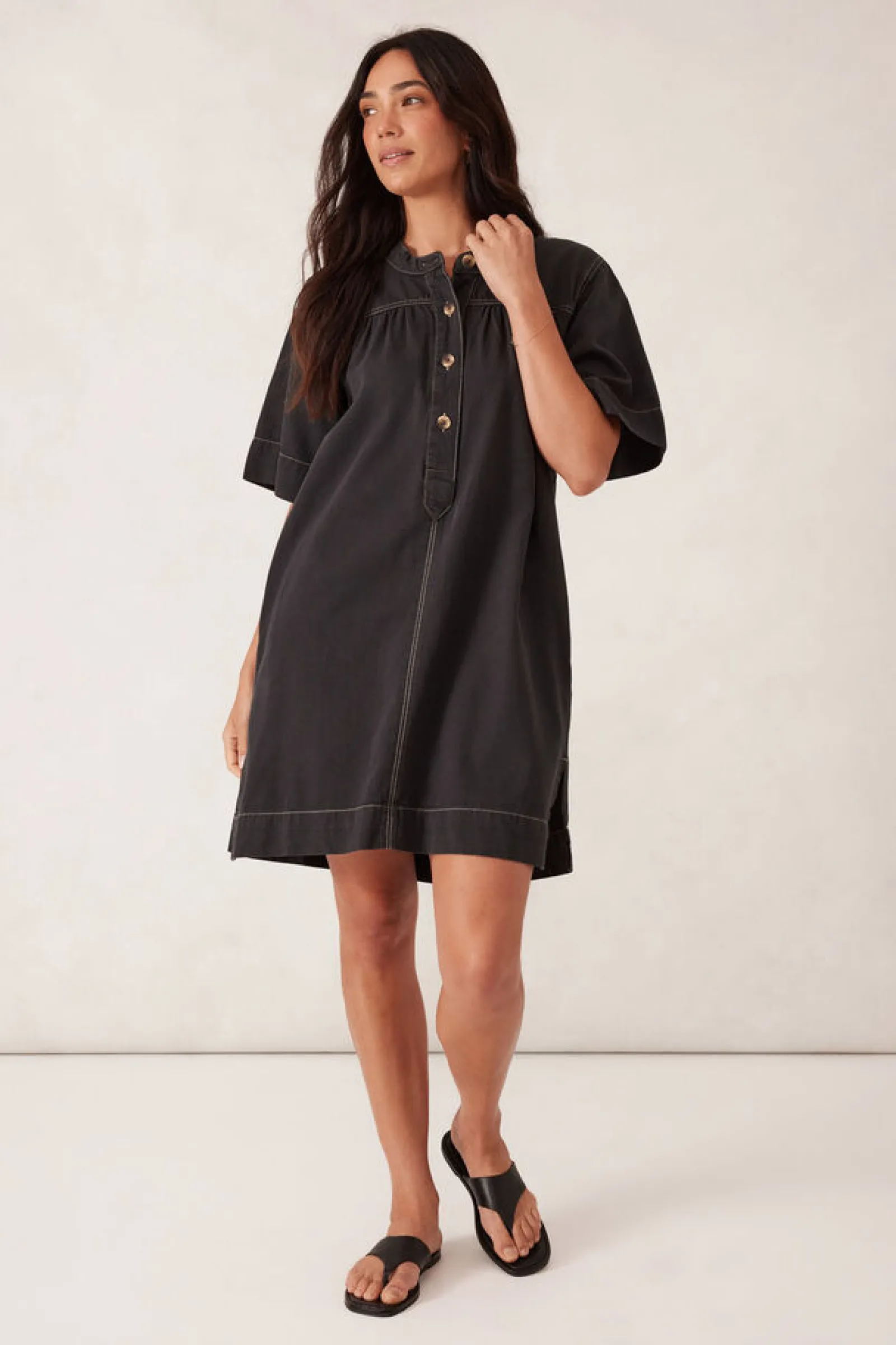 Ceres Life Half Placket Tunic Dress- Black Twill Best