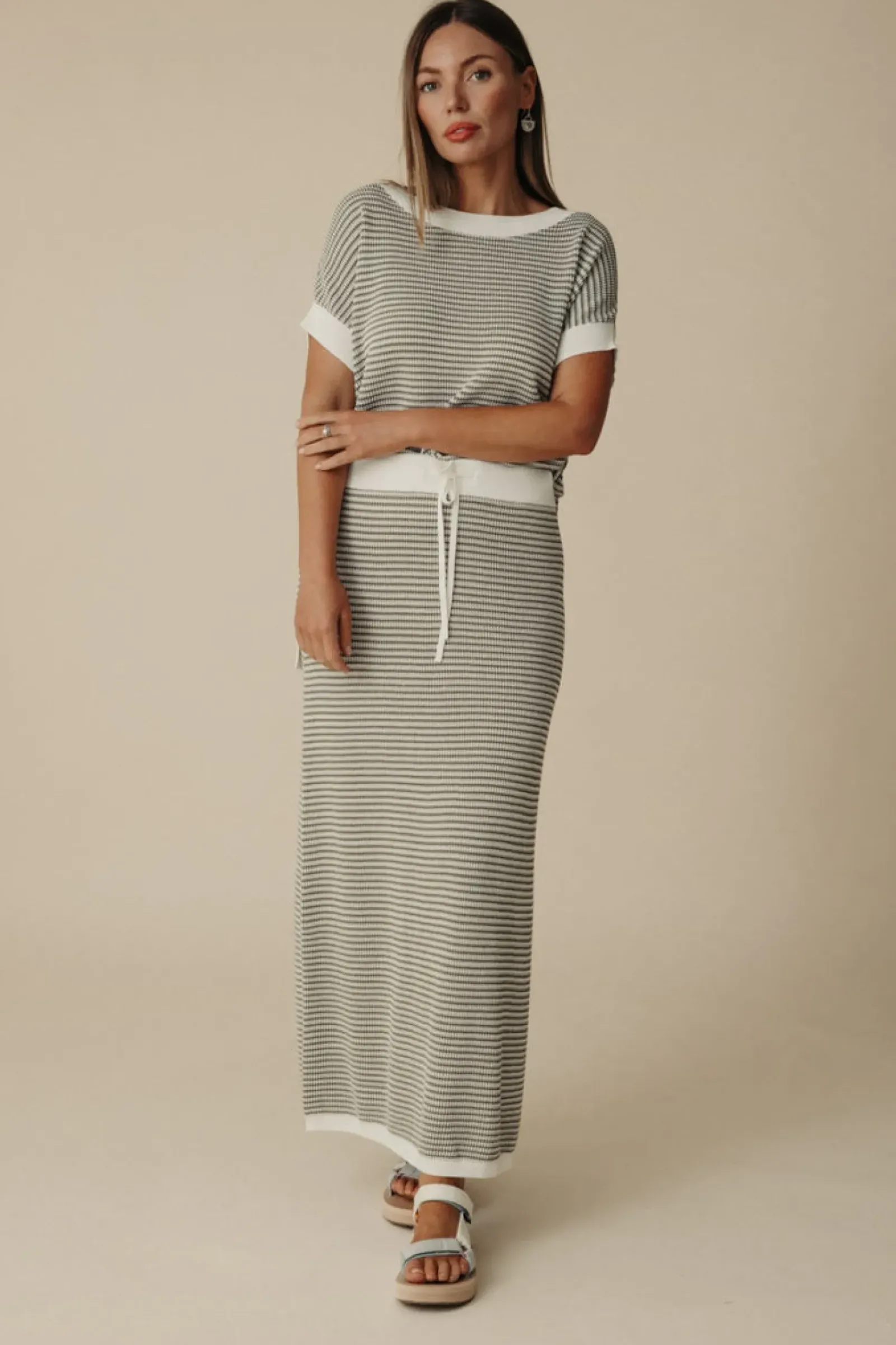 Talamaya Lattice Knitted Skirt - Dusty Olive & Cream Discount