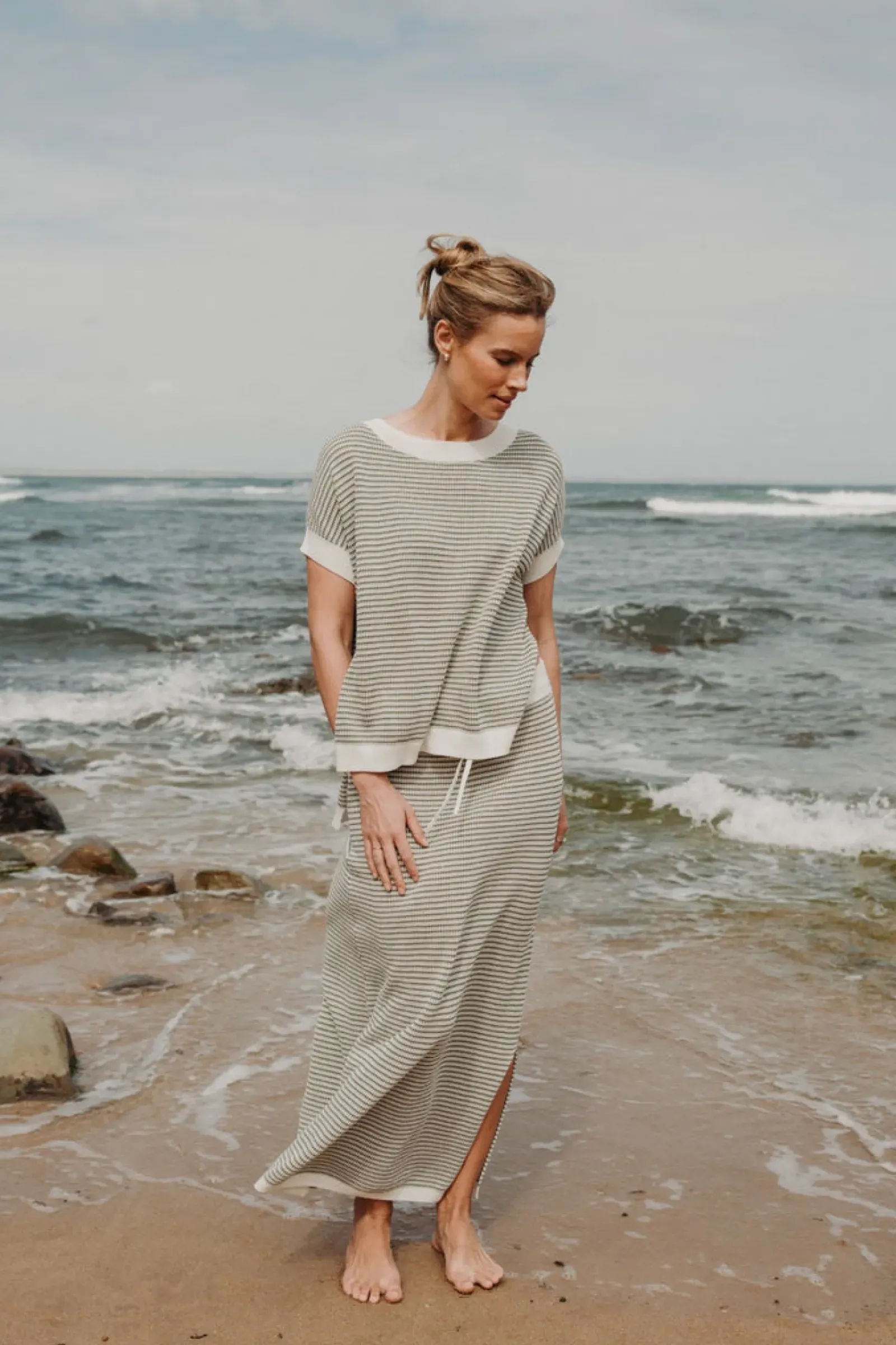 Talamaya Lattice Knitted Skirt - Dusty Olive & Cream Discount