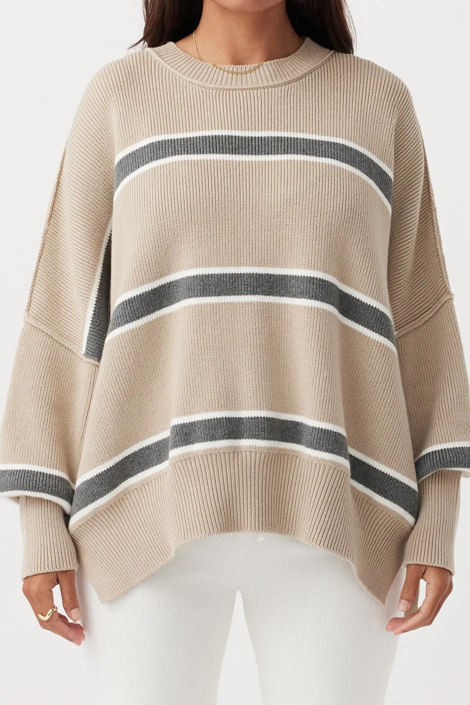 ARCAA Harper Stripe Sweater - Taupe, Cream & Dark Grey Marle Clearance