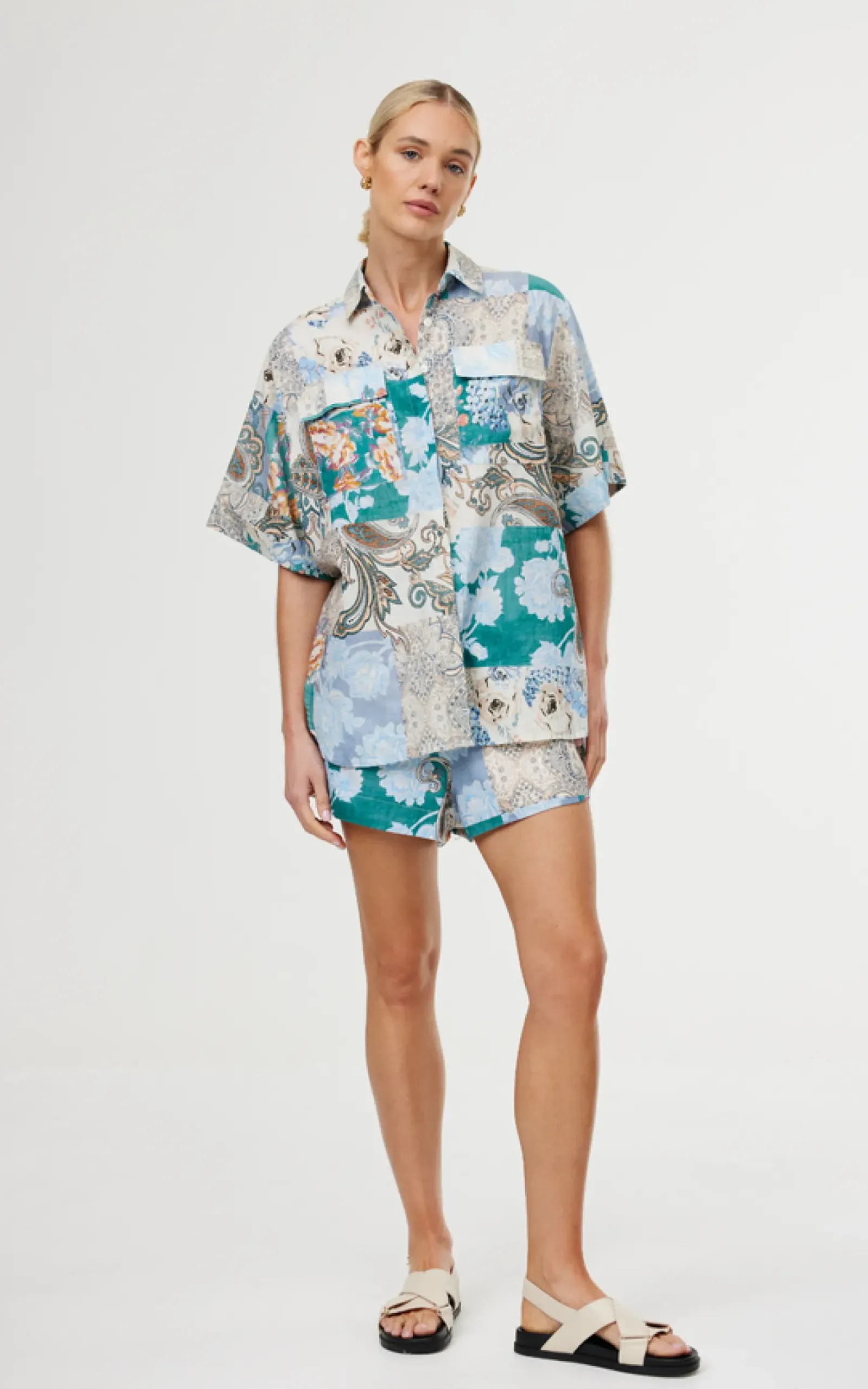 Kinney Juniper Shirt - Cyan Patchwork Sale