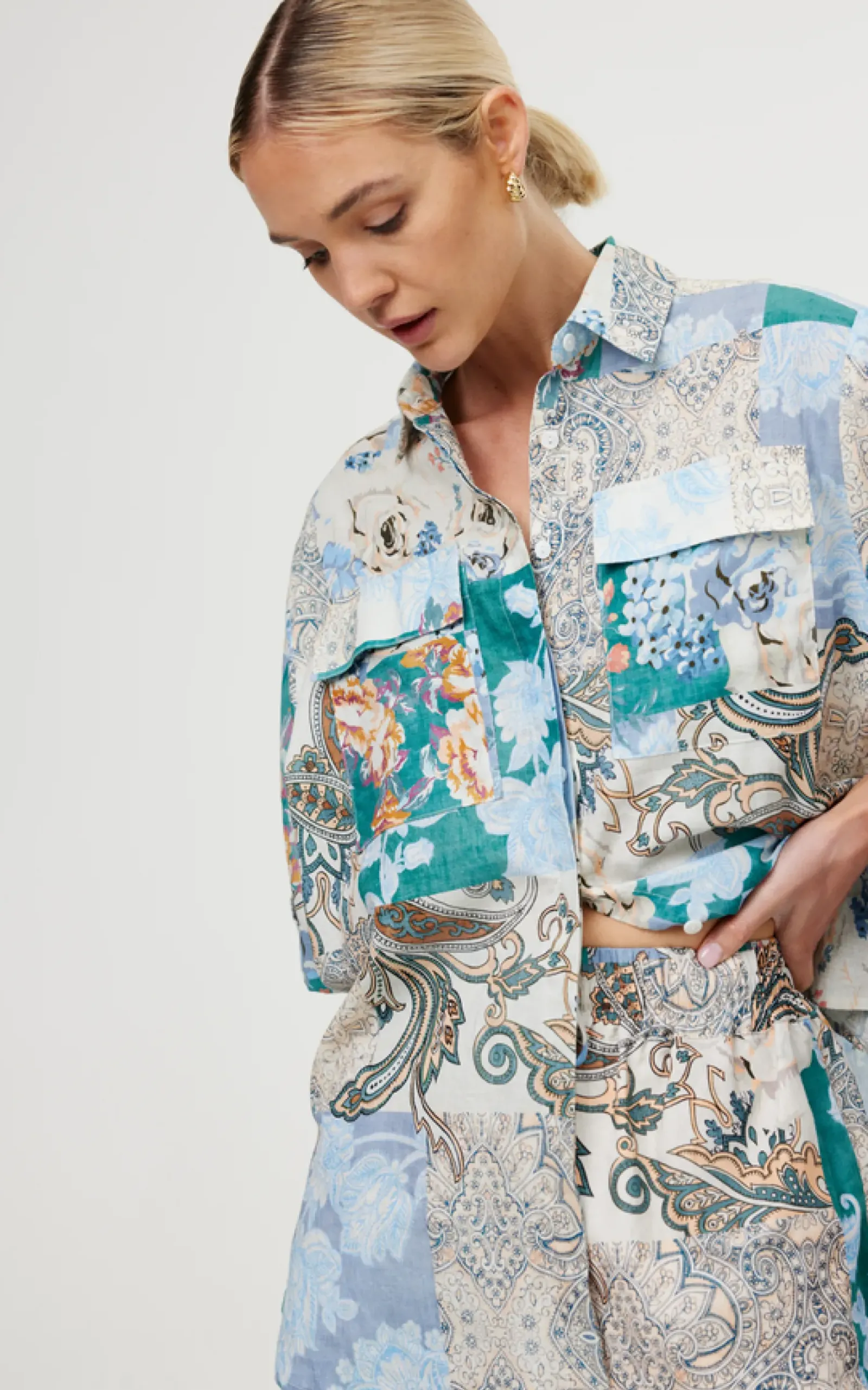 Kinney Juniper Shirt - Cyan Patchwork Sale