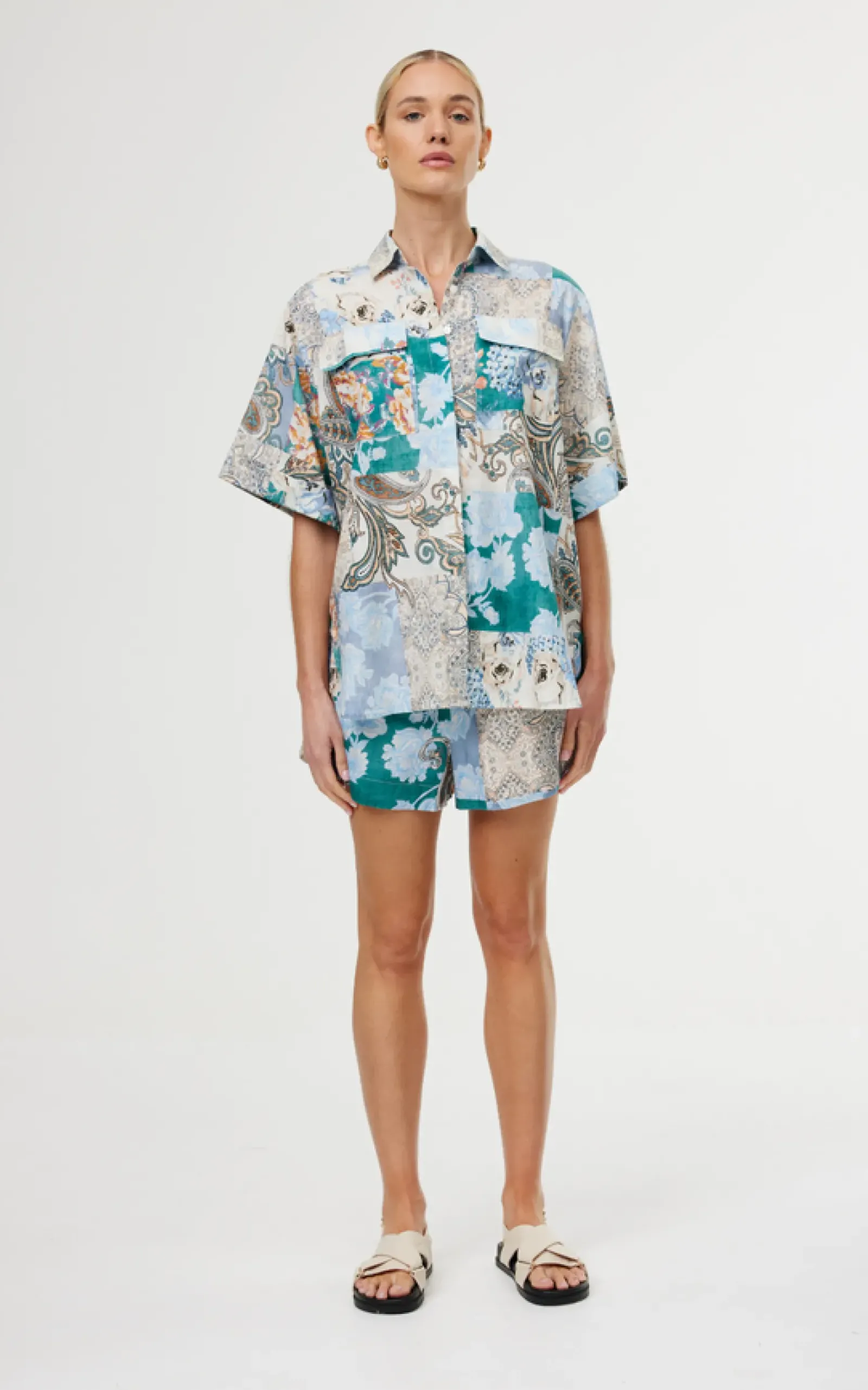 Kinney Juniper Shirt - Cyan Patchwork Sale