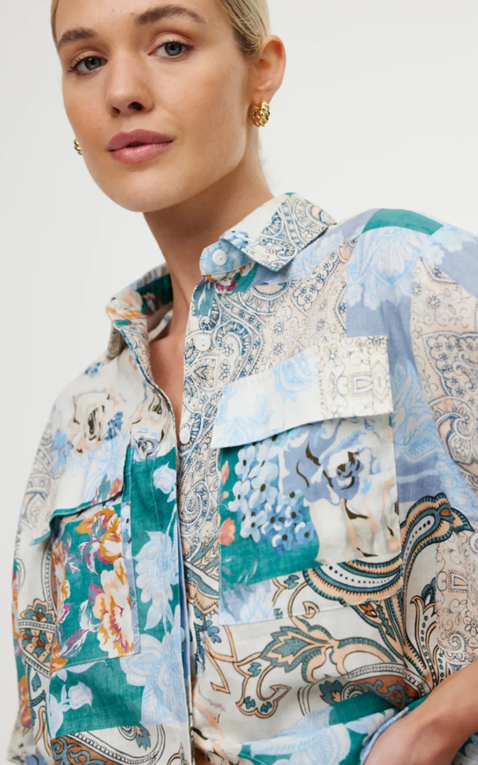 Kinney Juniper Shirt - Cyan Patchwork Sale