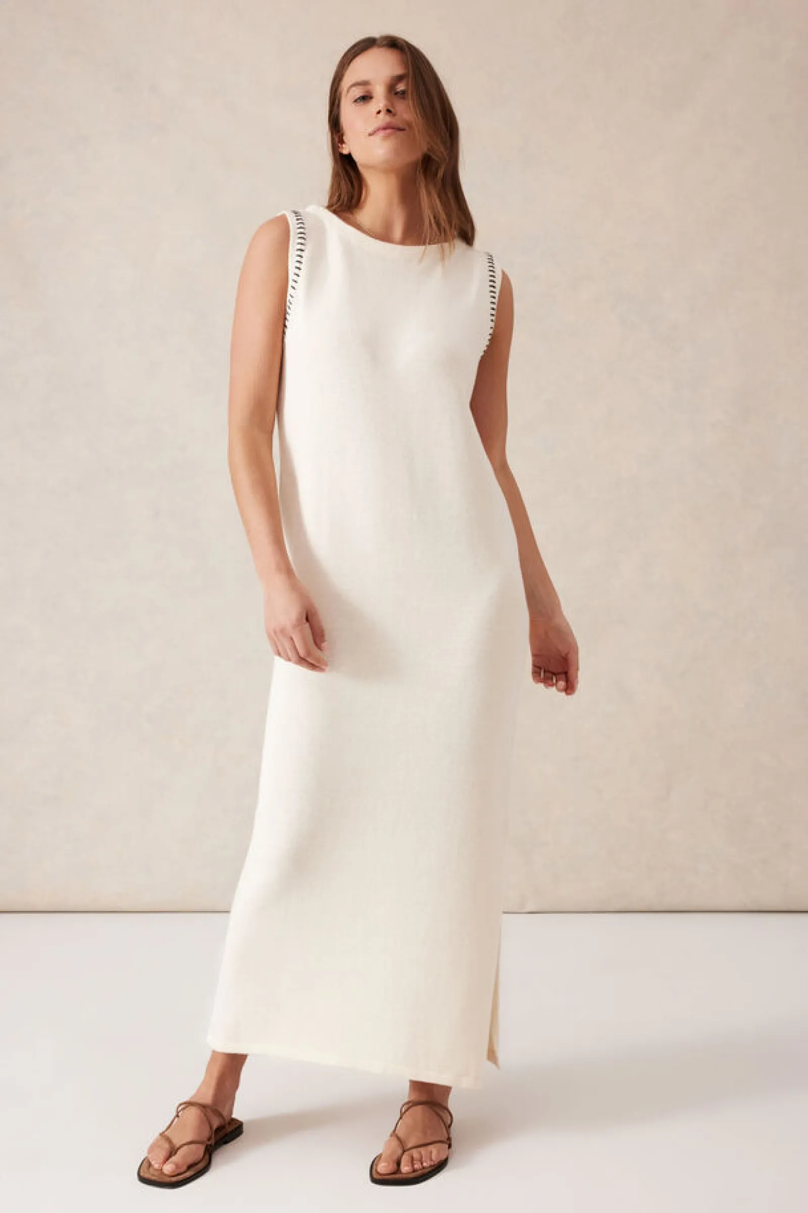 Ceres Life Sleeveless Boat Neck Knit Midi Dress - Eggshell Discount