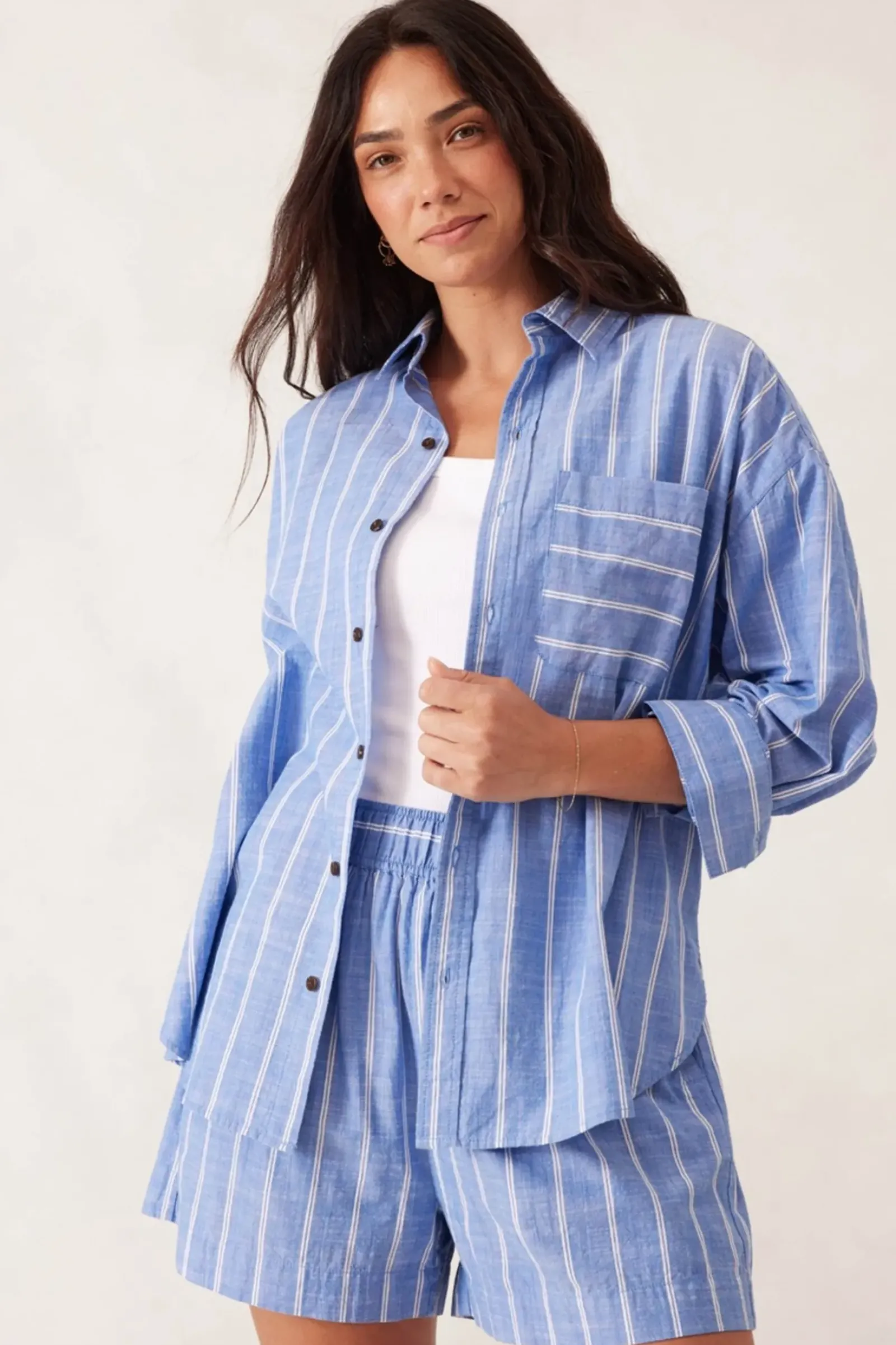 Ceres Life Oversized Poplin Shirt - Oxford Blue White Twin Stripe Outlet