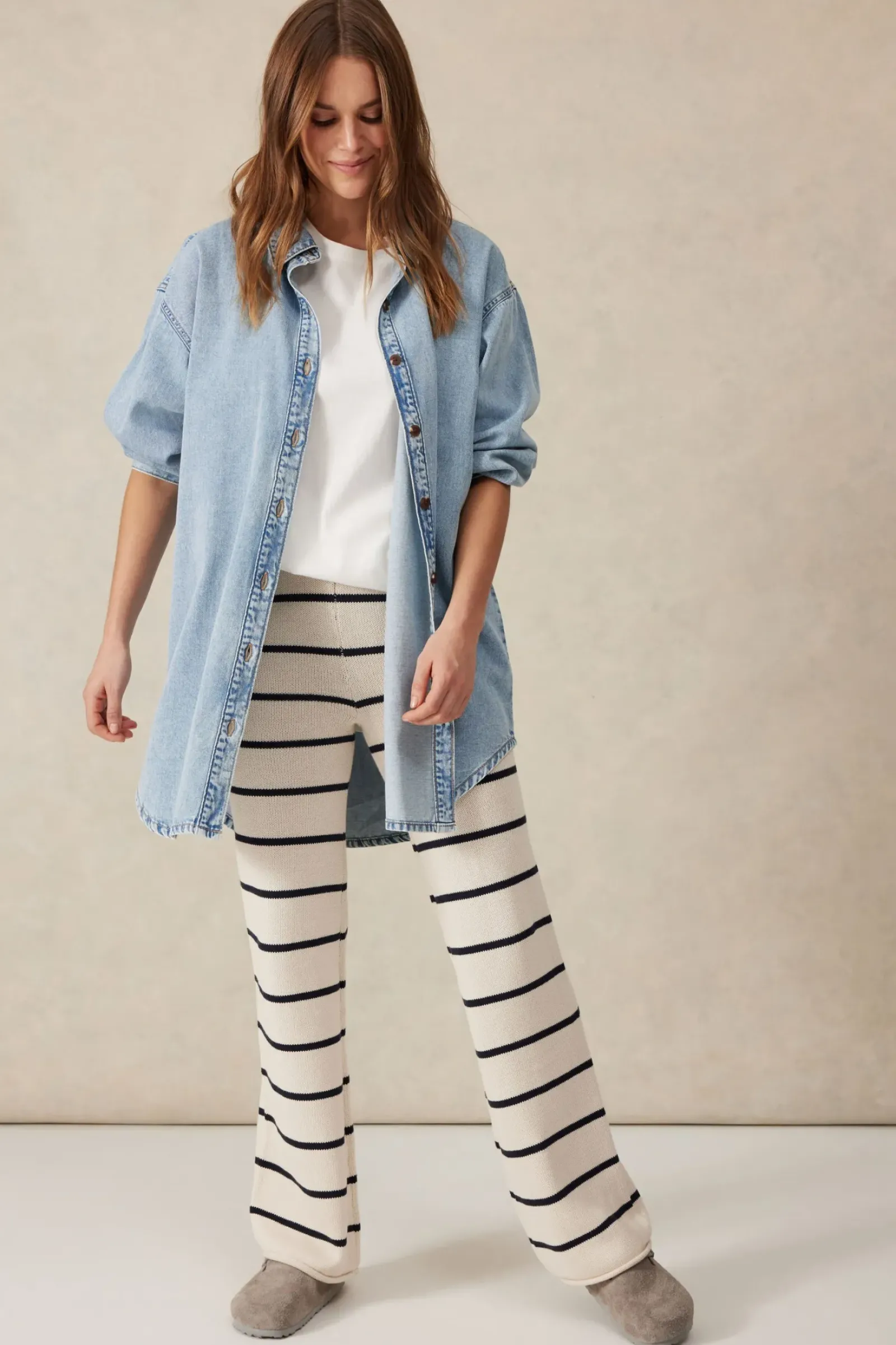 Ceres Life Bootleg Knit Pant - Ecru/Navy Stripe Hot