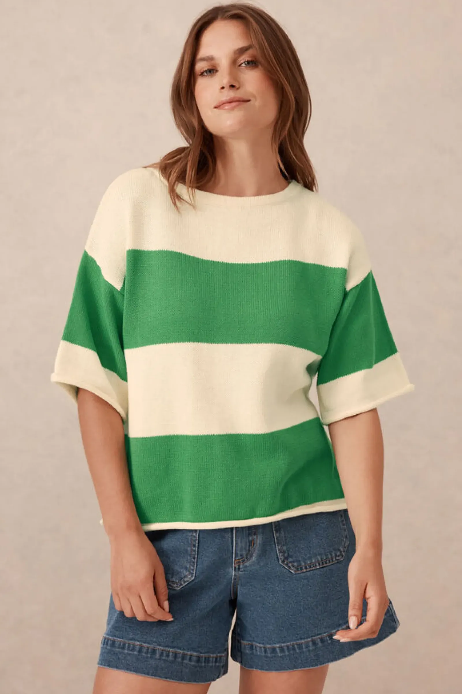 Ceres Life Boxy Knit Tee- Grass Stripe Outlet