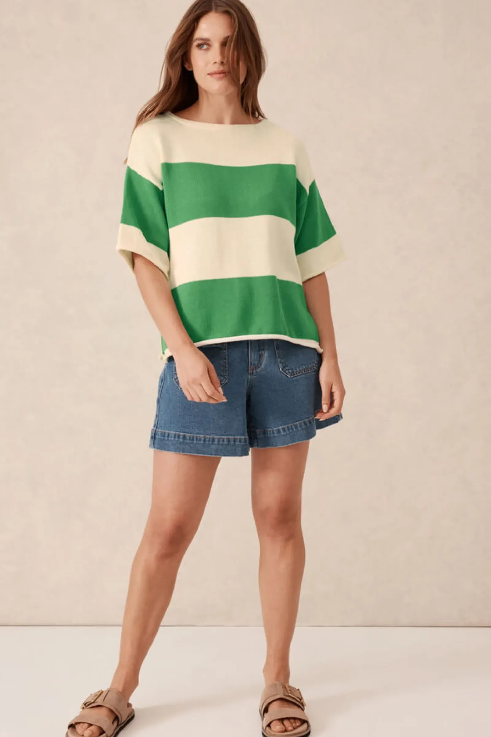 Ceres Life Boxy Knit Tee- Grass Stripe Outlet