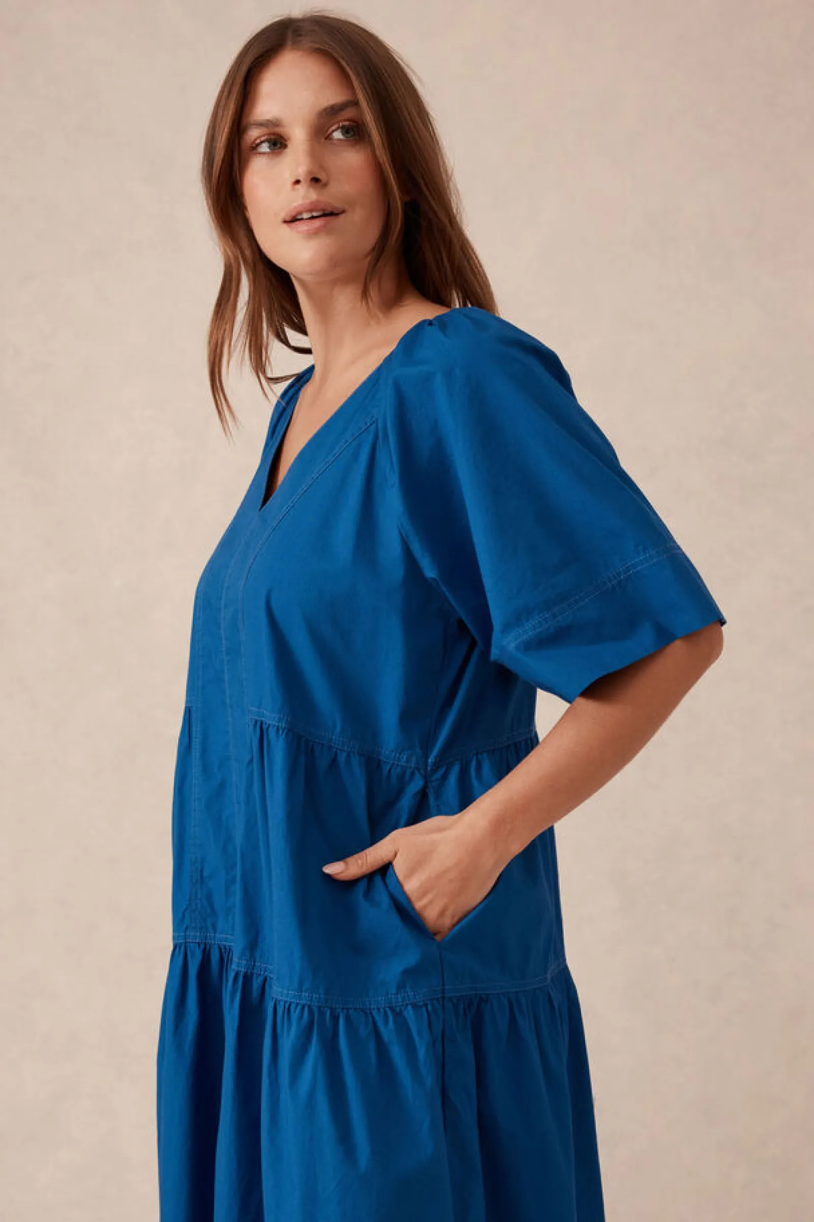 Ceres Life Tiered Poplin Midi Dress - Fresh Cobalt Discount