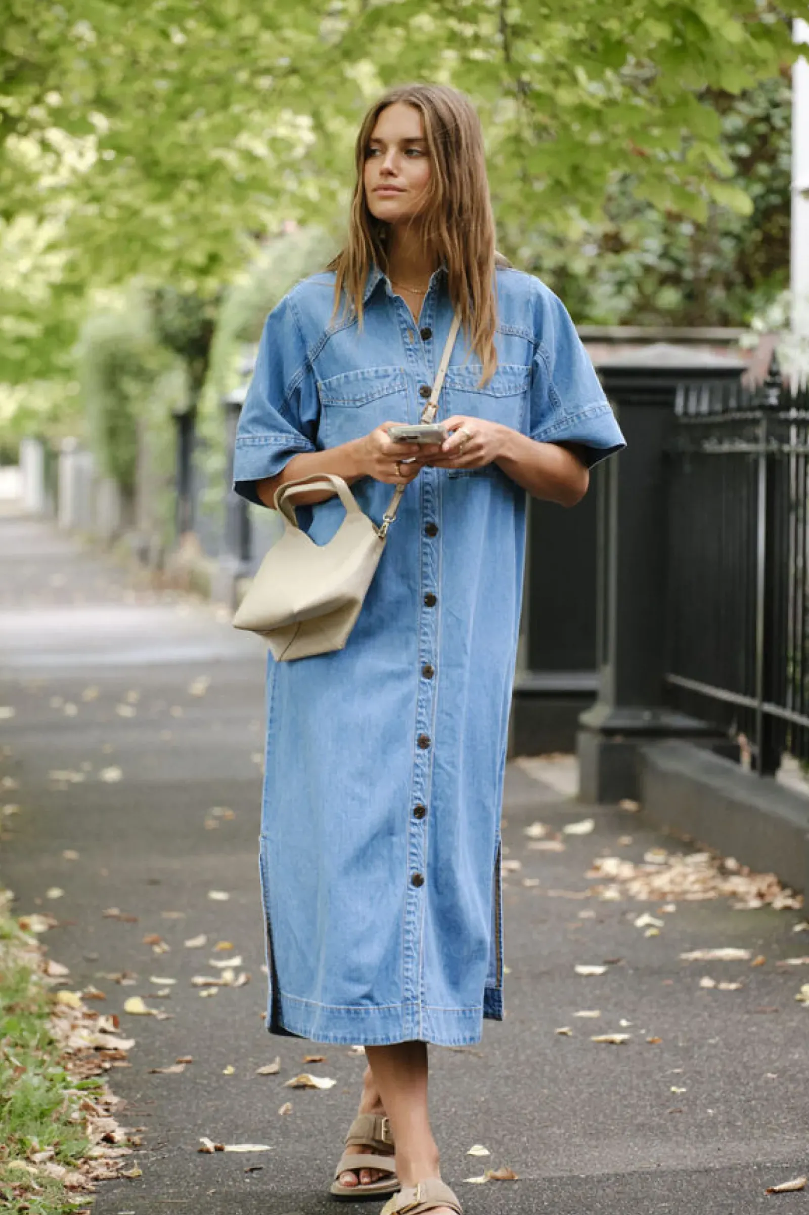 Ceres Life Short Sleeve Yoke Detail Midi Dress - Vintage Blue Online