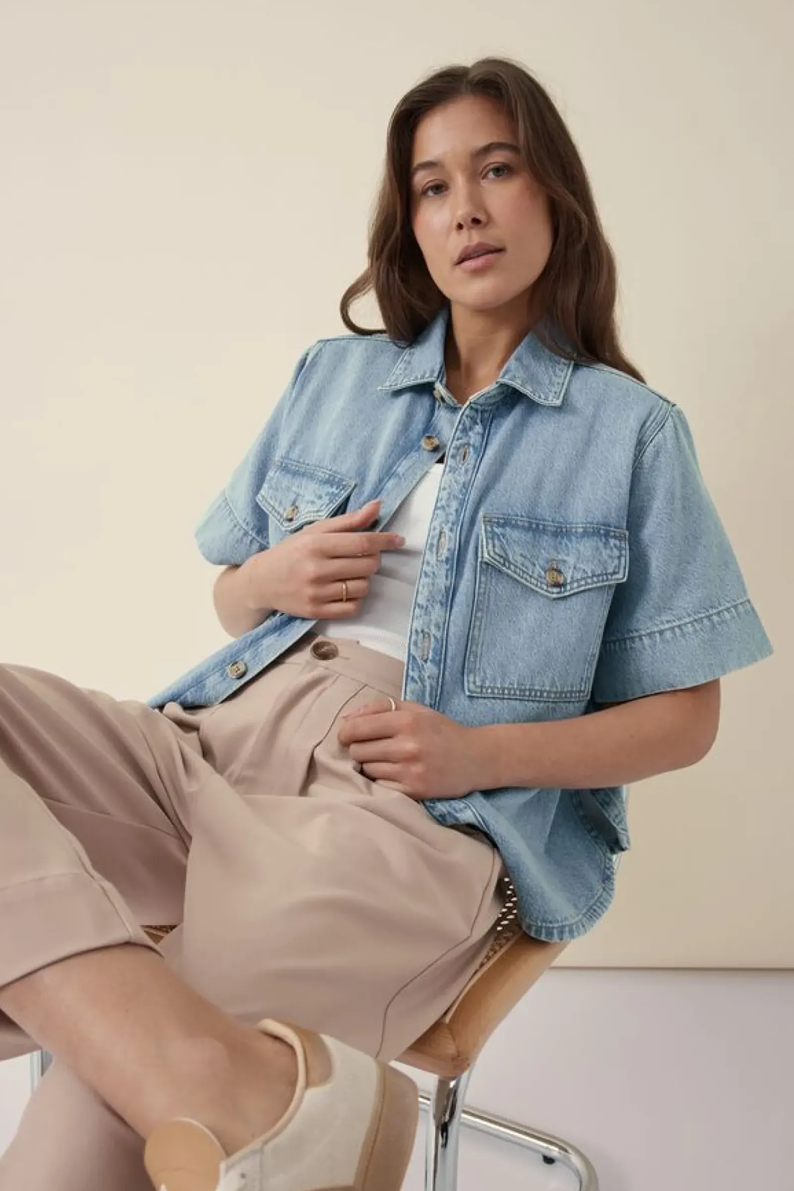 Ceres Life Short Sleeve Boxy Shirt - Vintage Blue Denim Outlet