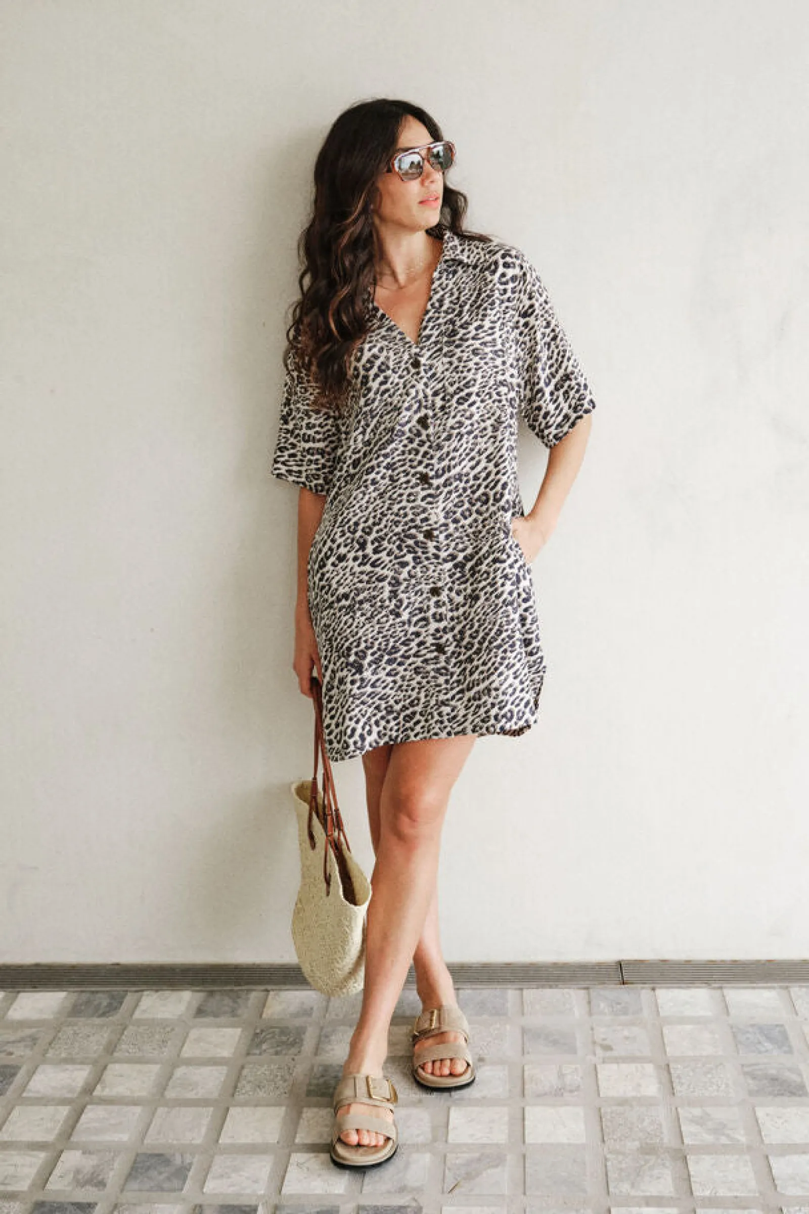 Ceres Life Boxy Shirt Dress - Leopard Linen Blend Hot