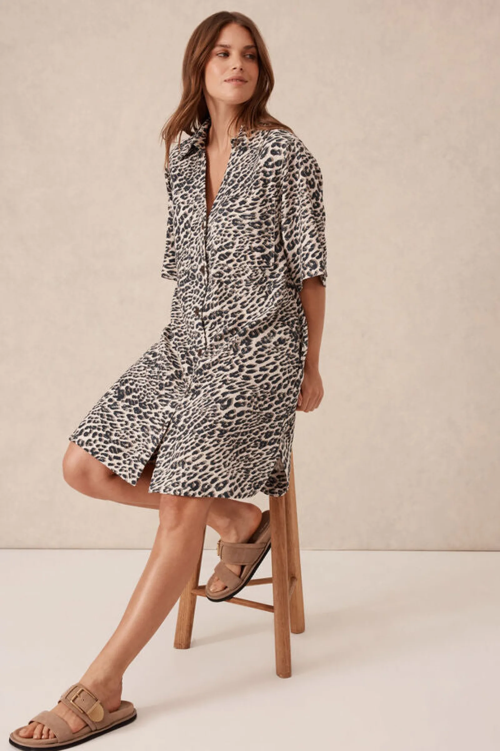 Ceres Life Boxy Shirt Dress - Leopard Linen Blend Hot