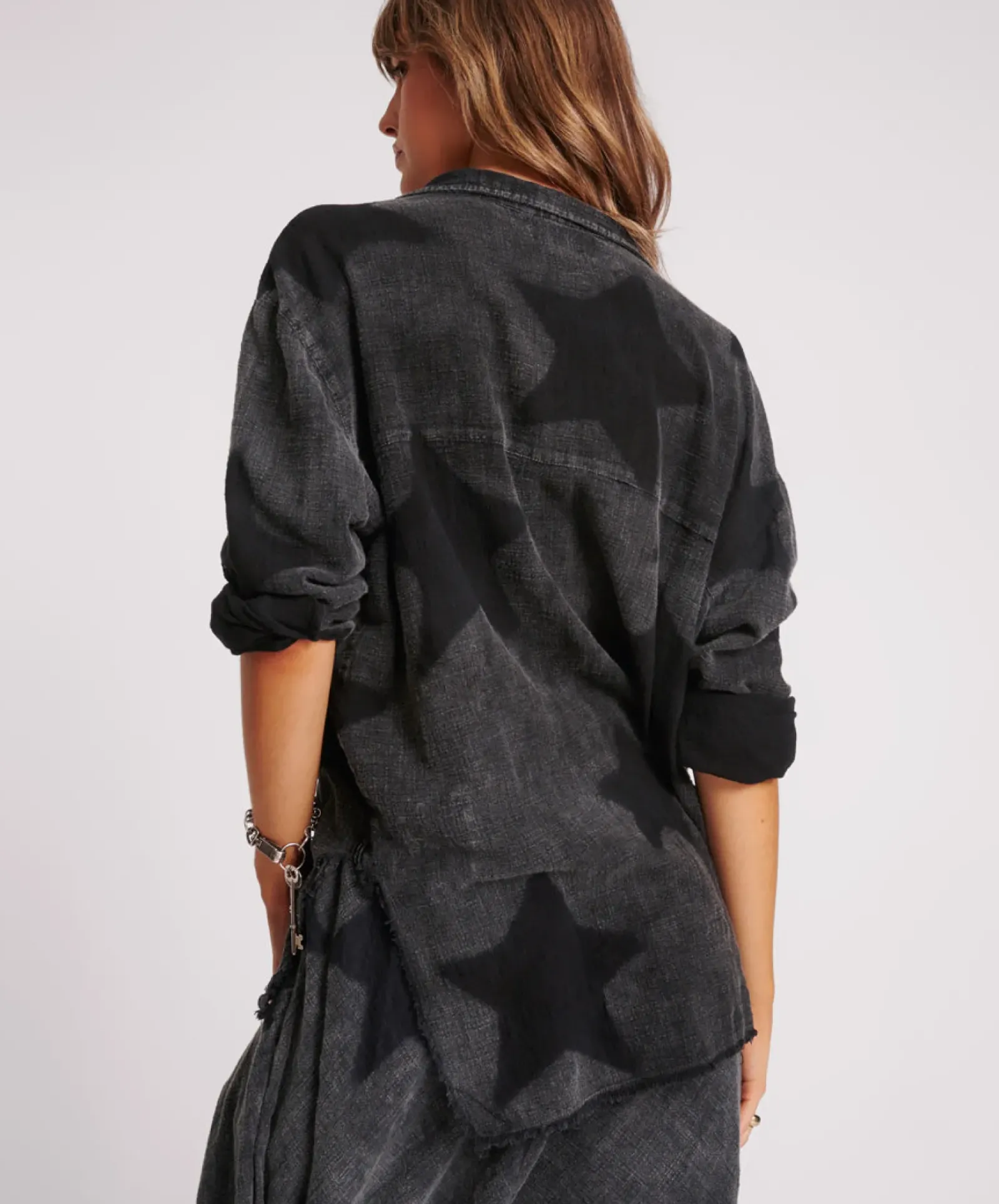 One Teaspoon Black Star Muslin Longline Shirt - Charcoal Outlet