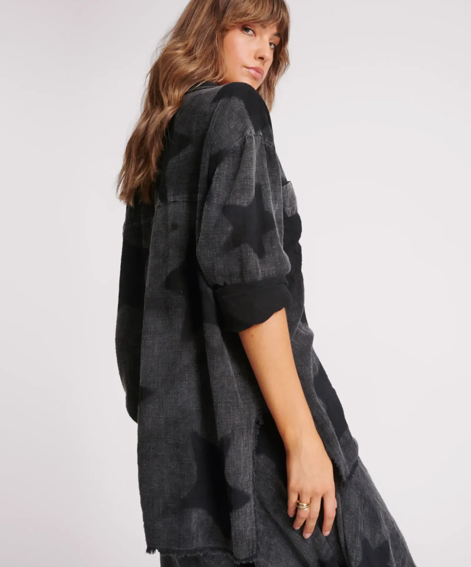 One Teaspoon Black Star Muslin Longline Shirt - Charcoal Outlet
