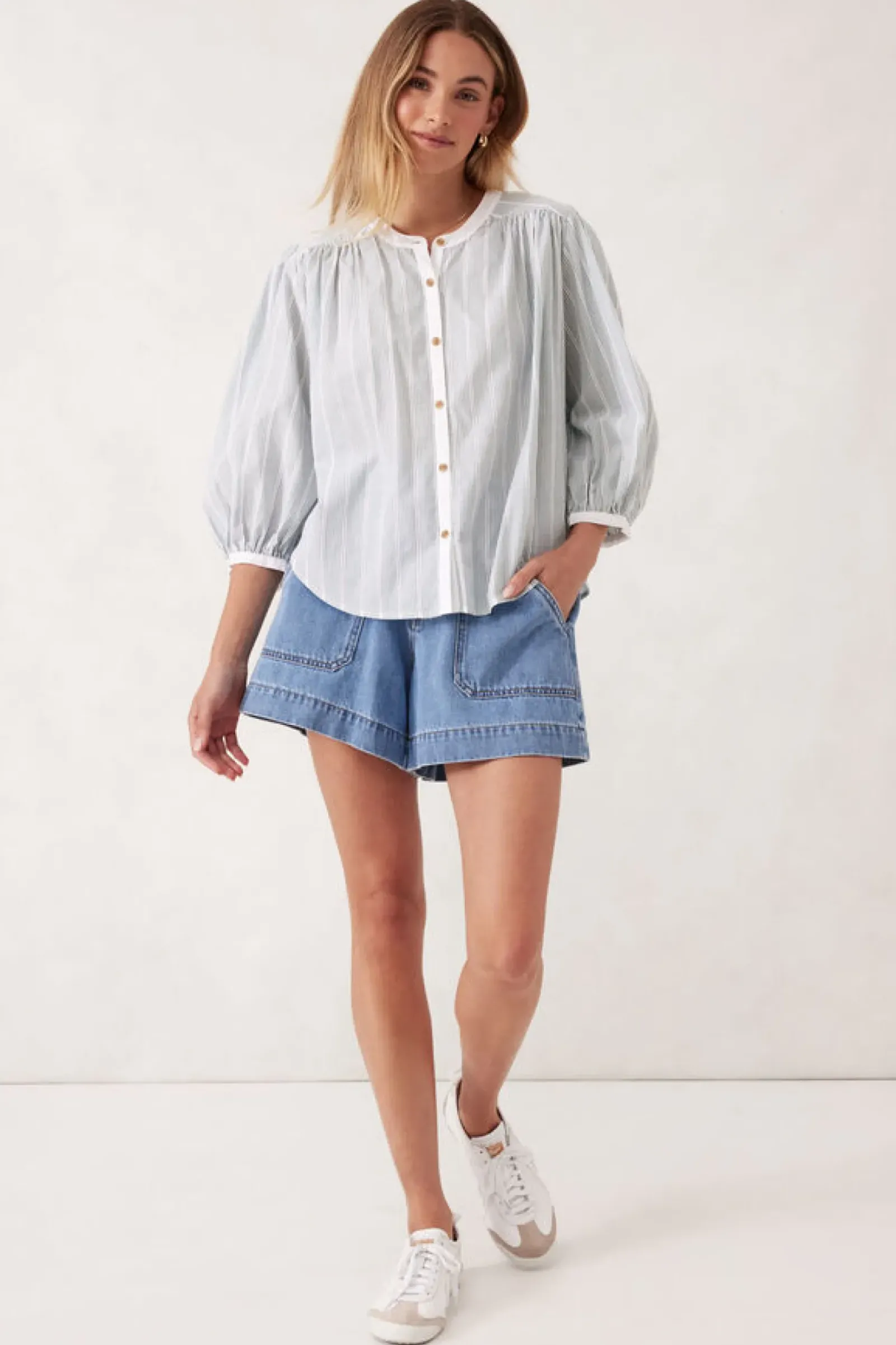 Ceres Life Woven Collarless Top - Green Ladder Stripe Best