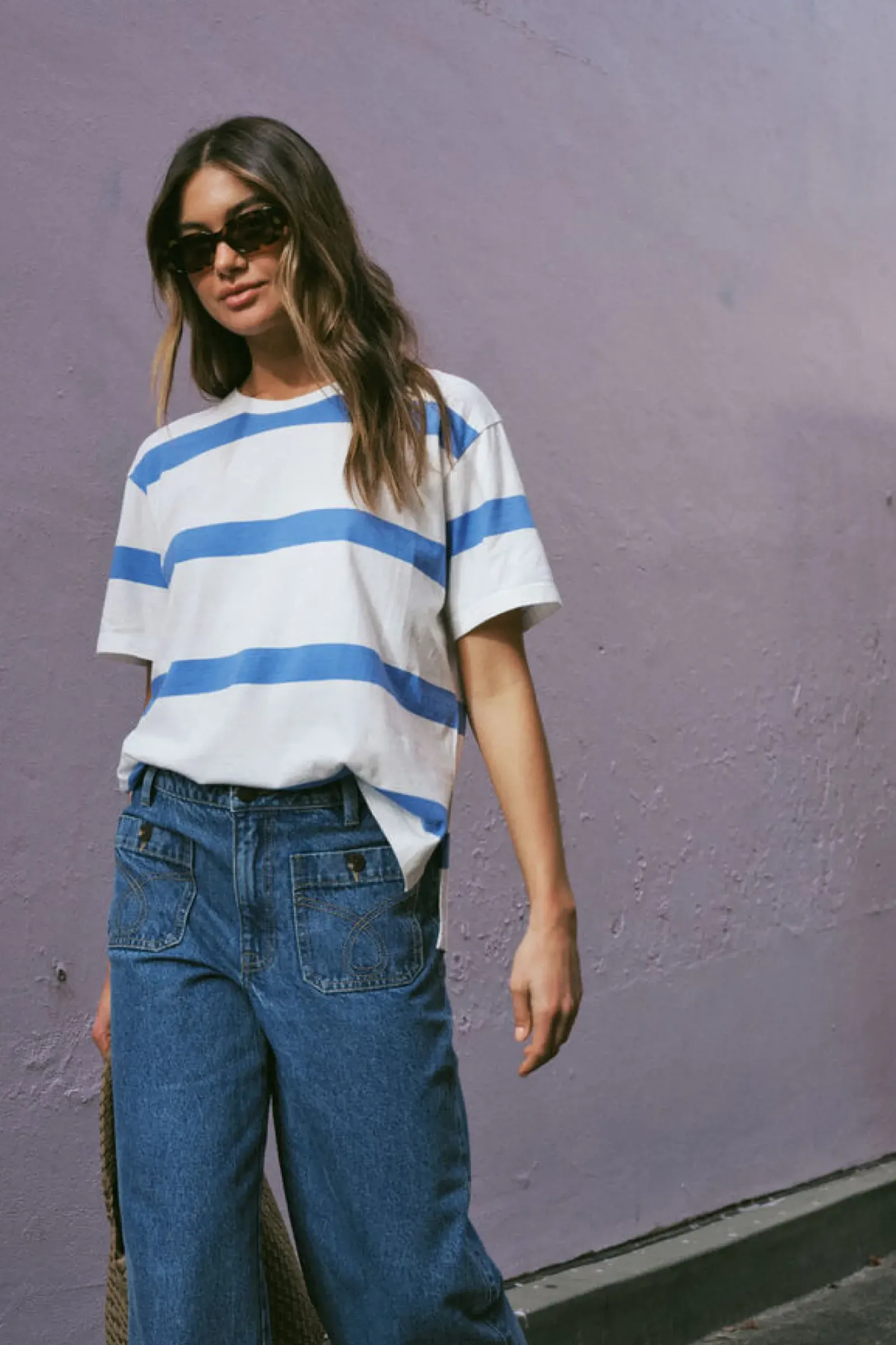 Ceres Life Slouchy Split Hem Tee - Vanilla/Pool Blue Best