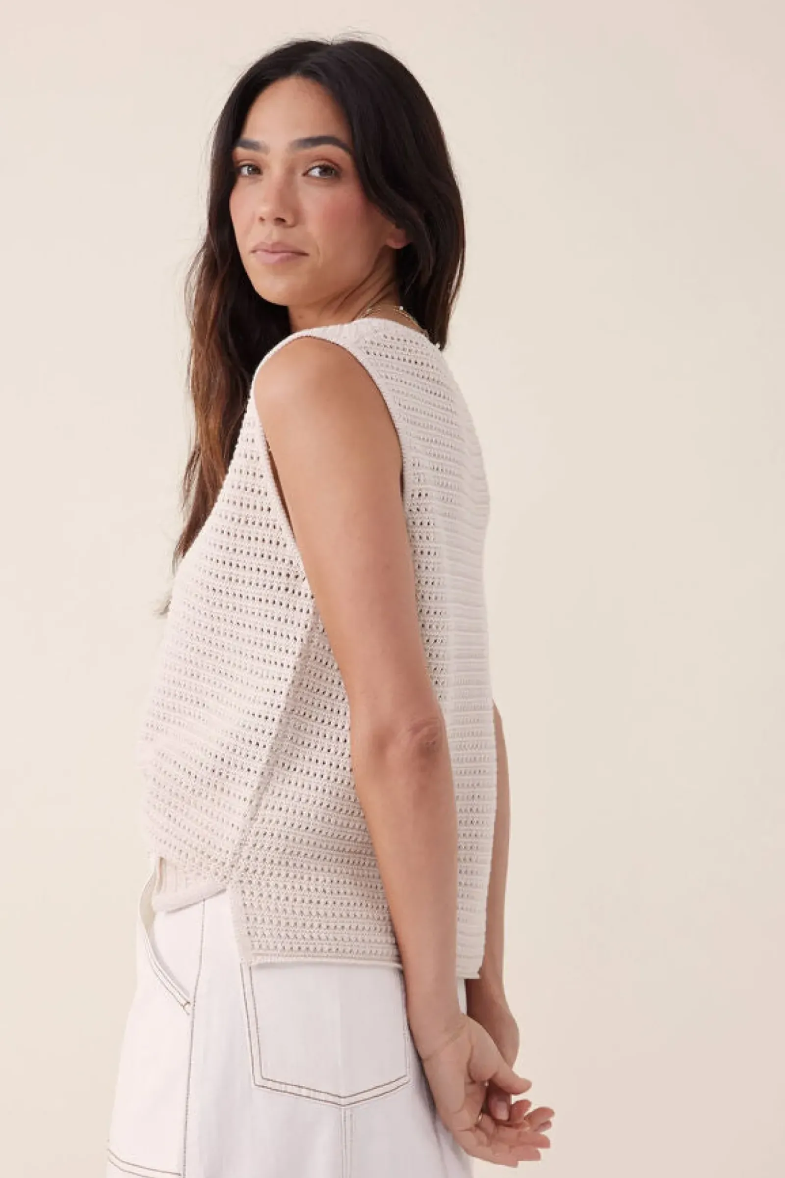 Ceres Life Mesh Knit Tank - Ecru Outlet