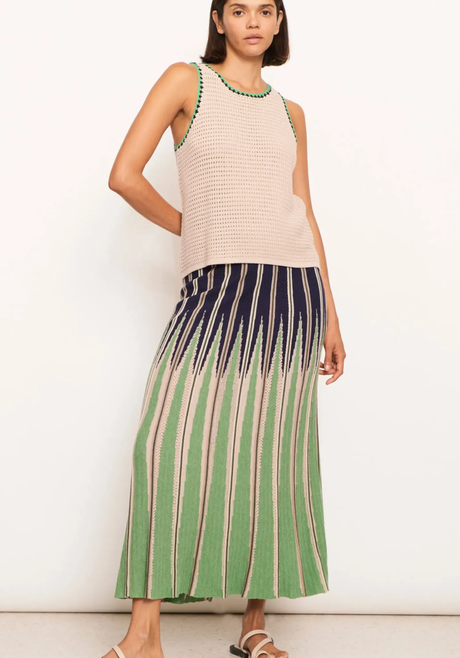 Pol Xander Crochet Tank - Pebble/Ink/Green Discount