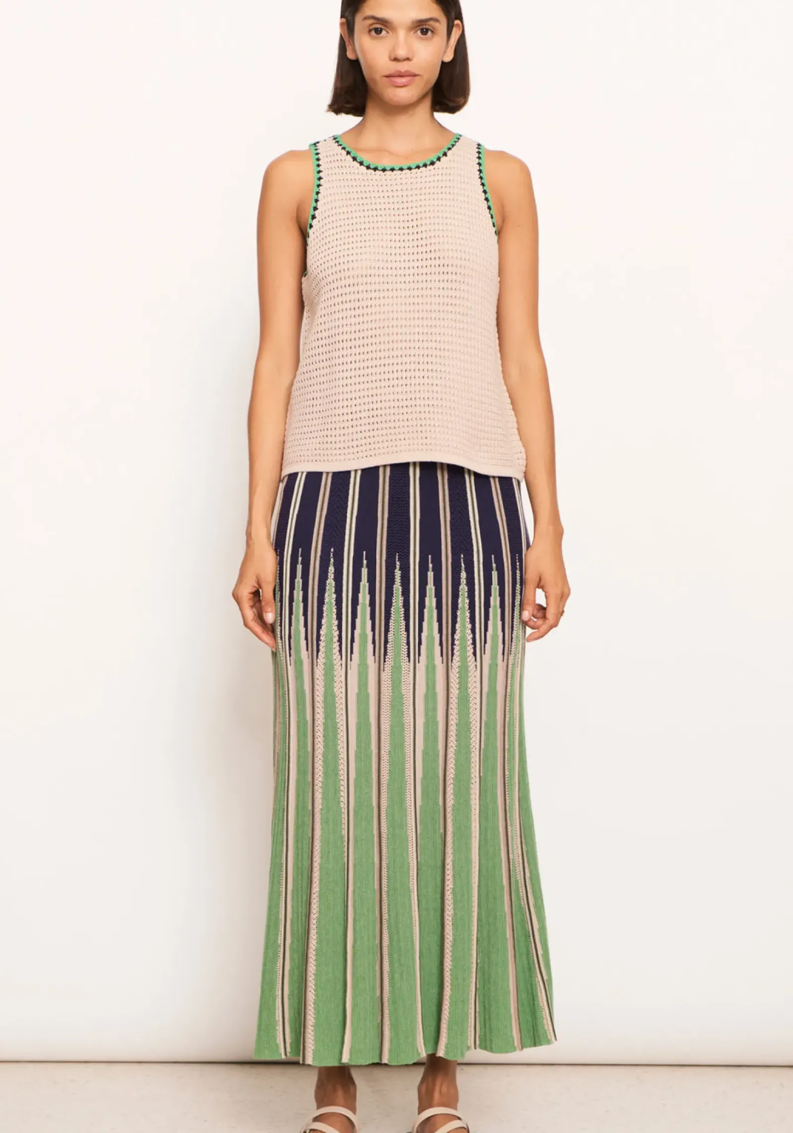 Pol Xander Crochet Tank - Pebble/Ink/Green Discount