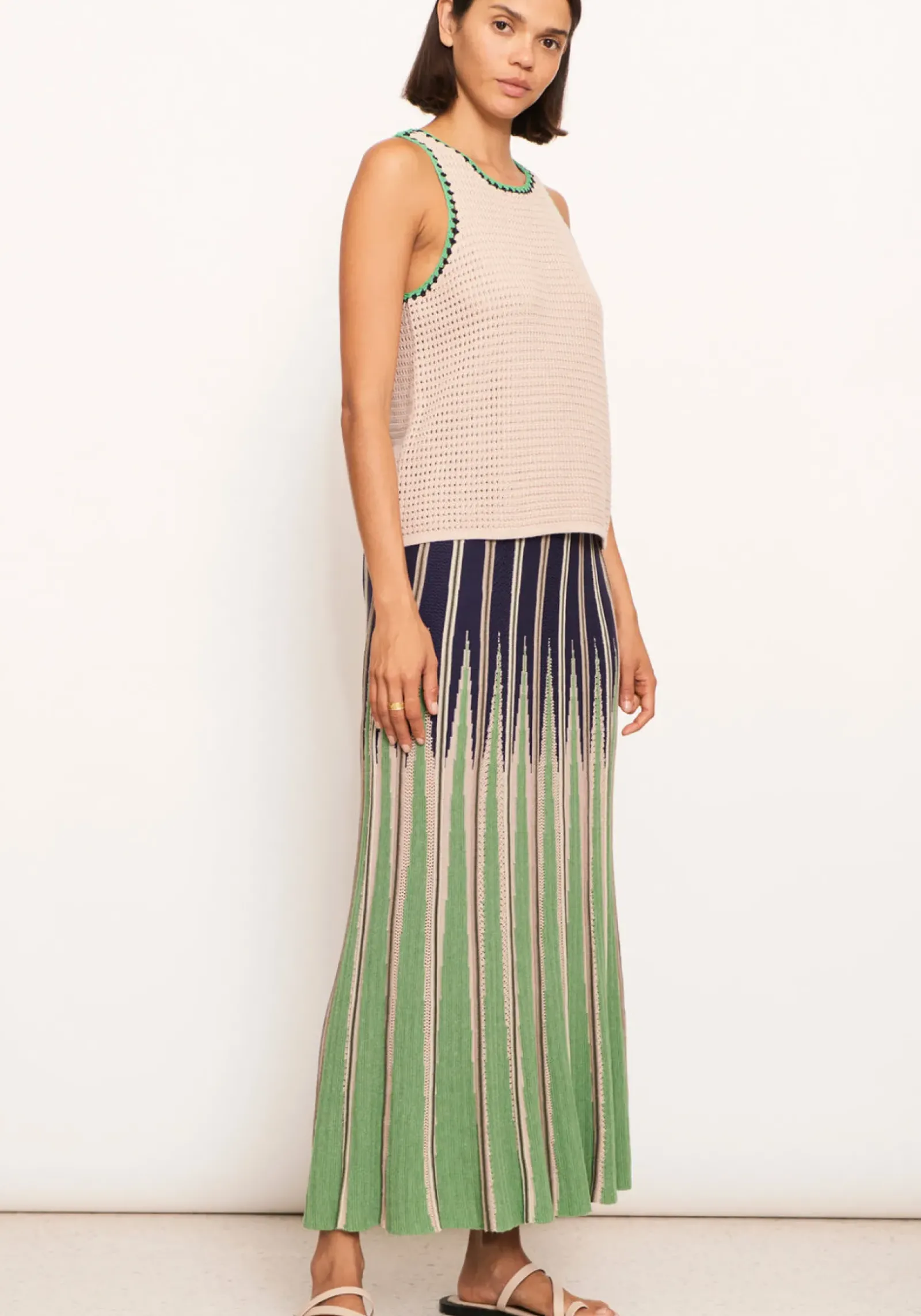 Pol Xander Crochet Tank - Pebble/Ink/Green Discount