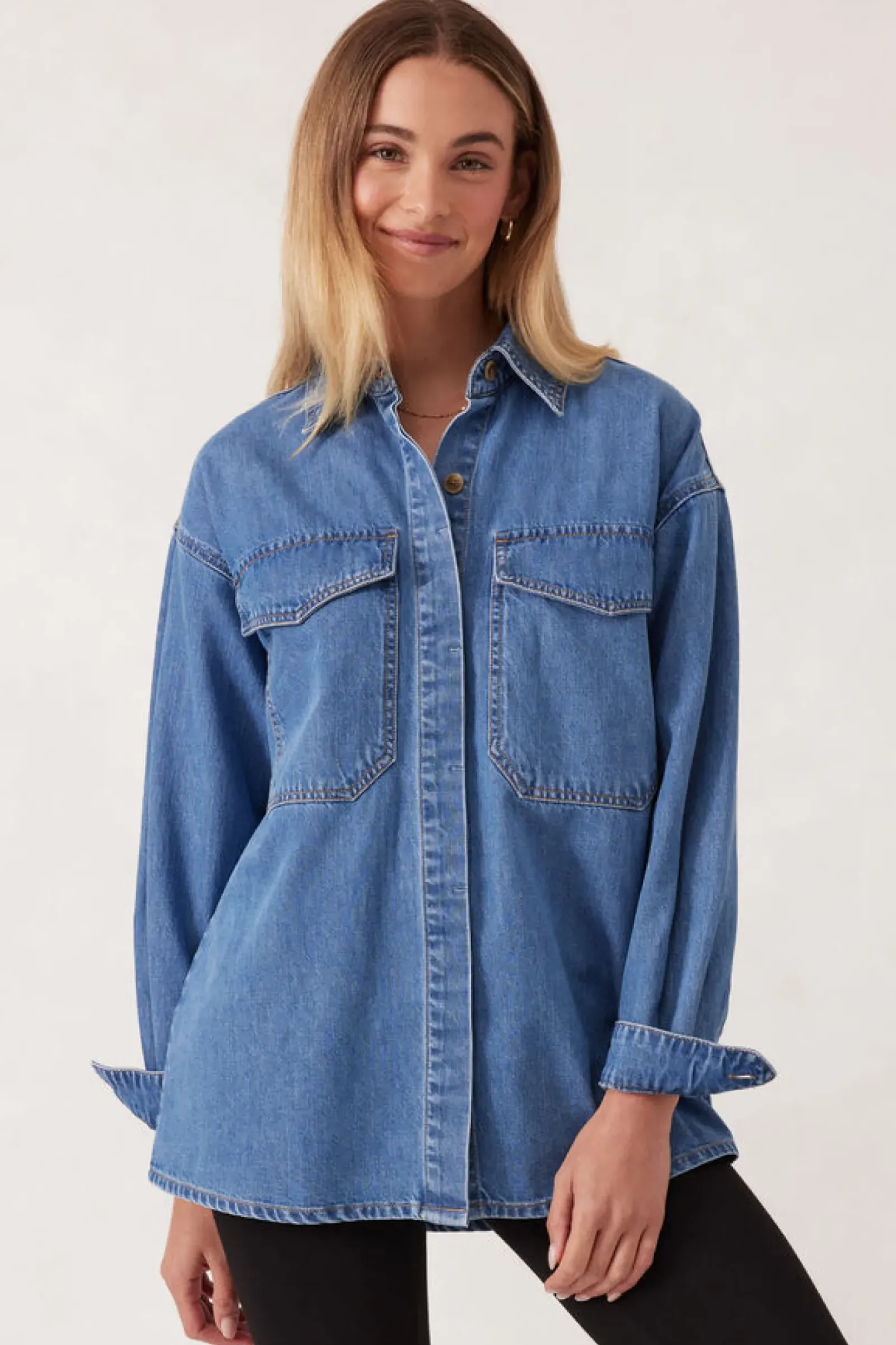 Ceres Life Essentials Denim Shirt- Mid Blue Wash Sale