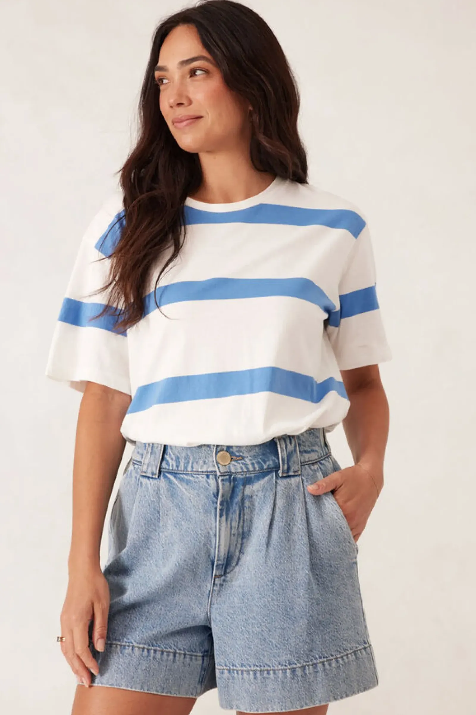 Ceres Life Slouchy Split Hem Tee - Vanilla/Pool Blue Bold Stripe Hot