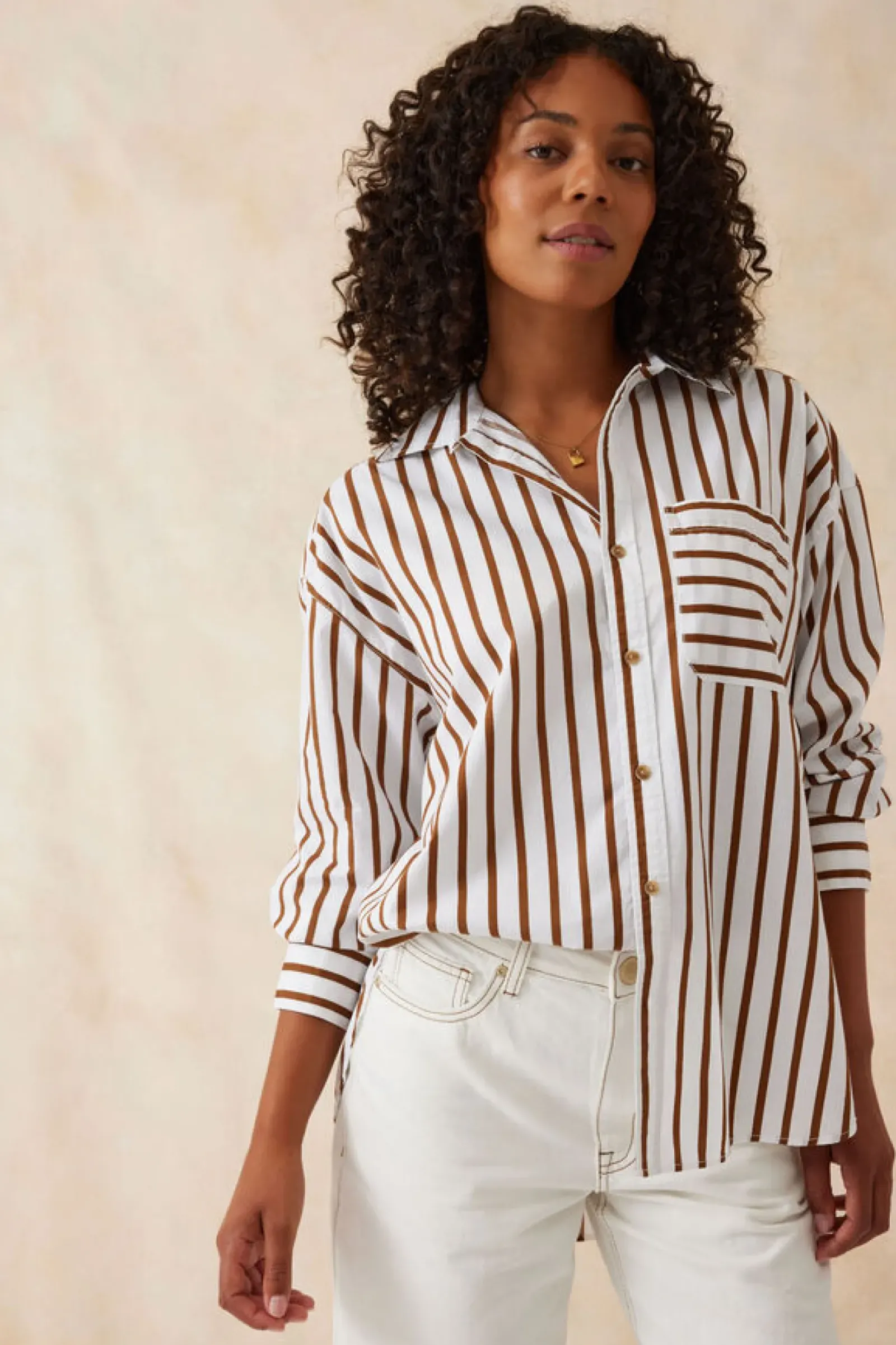 Ceres Life Oversized Poplin Shirt - White Biscuit Stripe Fashion