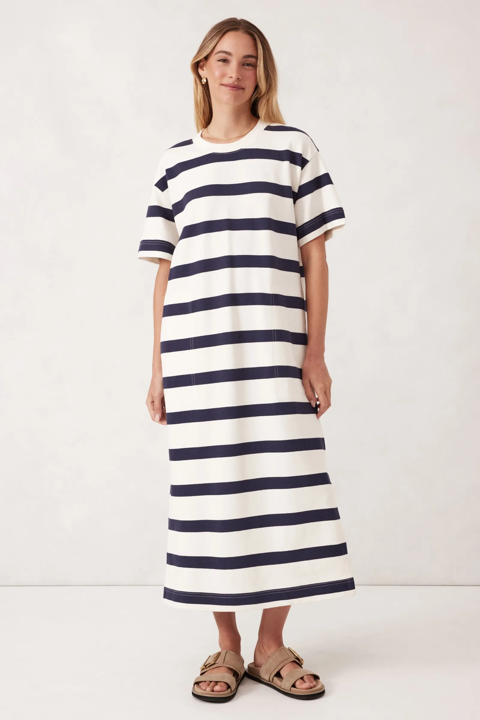 Ceres Life Midi Terry Dress - White Navy Bold Stripe Hot