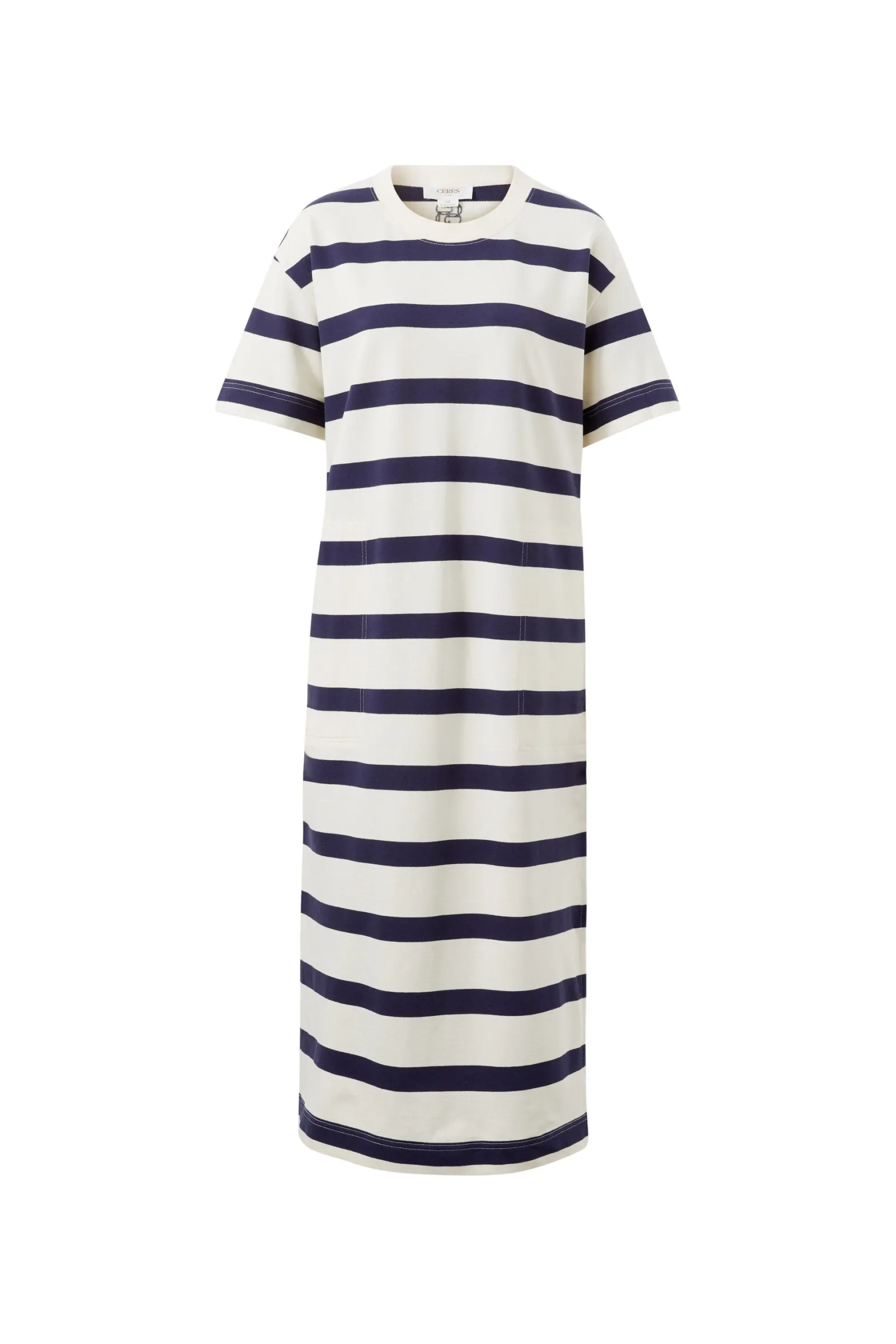 Ceres Life Midi Terry Dress - White Navy Bold Stripe Hot