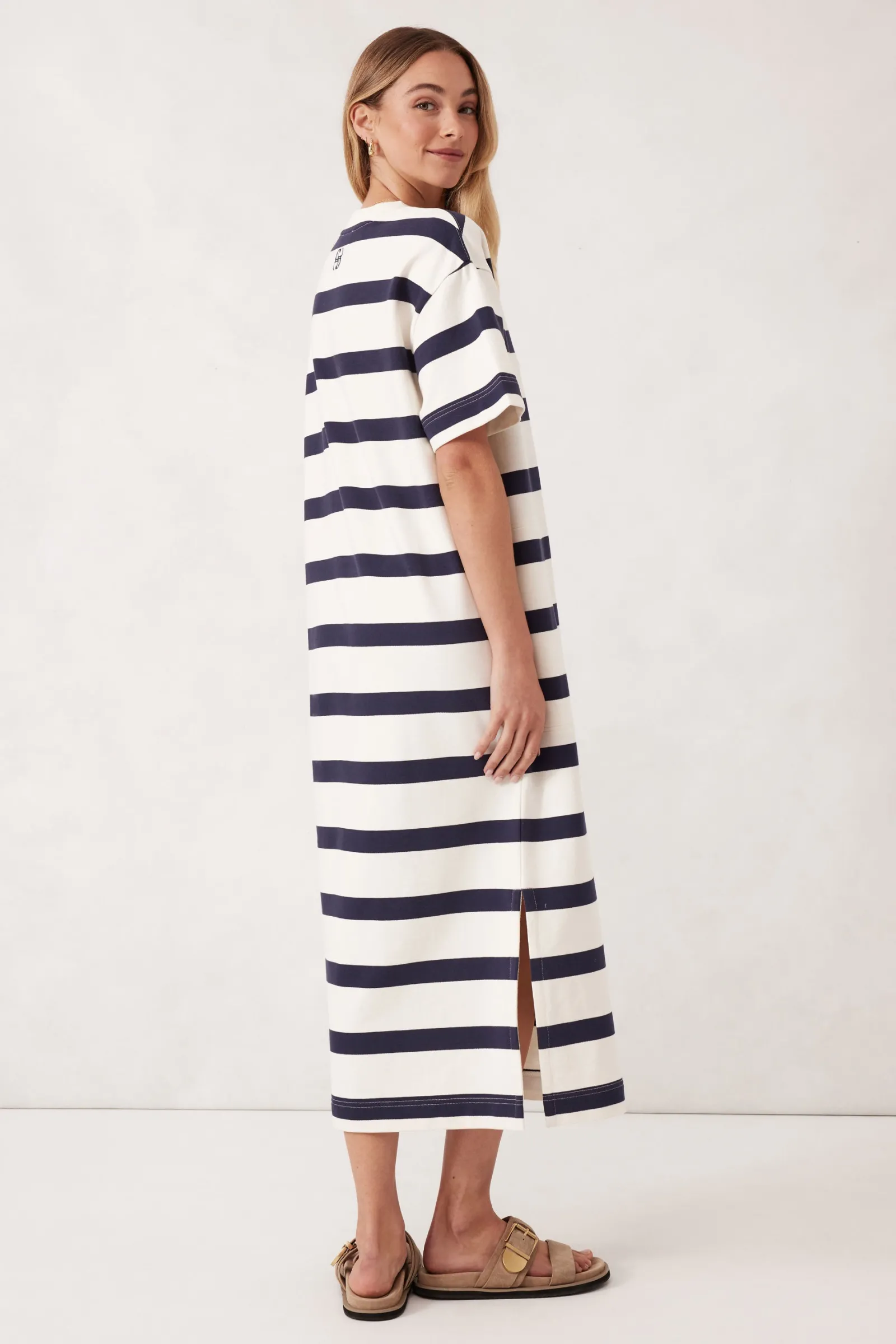 Ceres Life Midi Terry Dress - White Navy Bold Stripe Hot