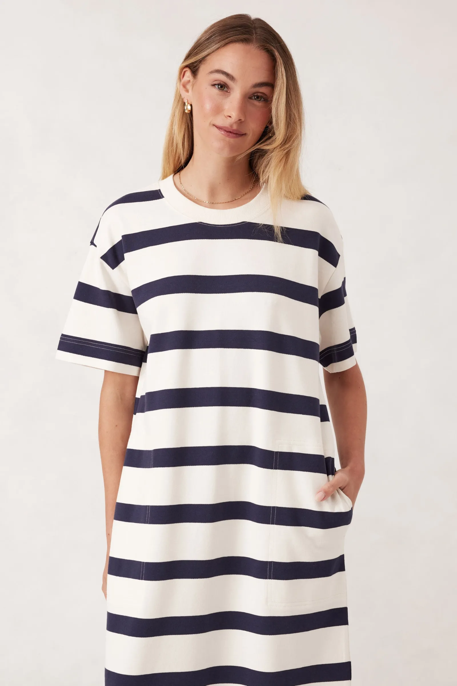 Ceres Life Midi Terry Dress - White Navy Bold Stripe Hot