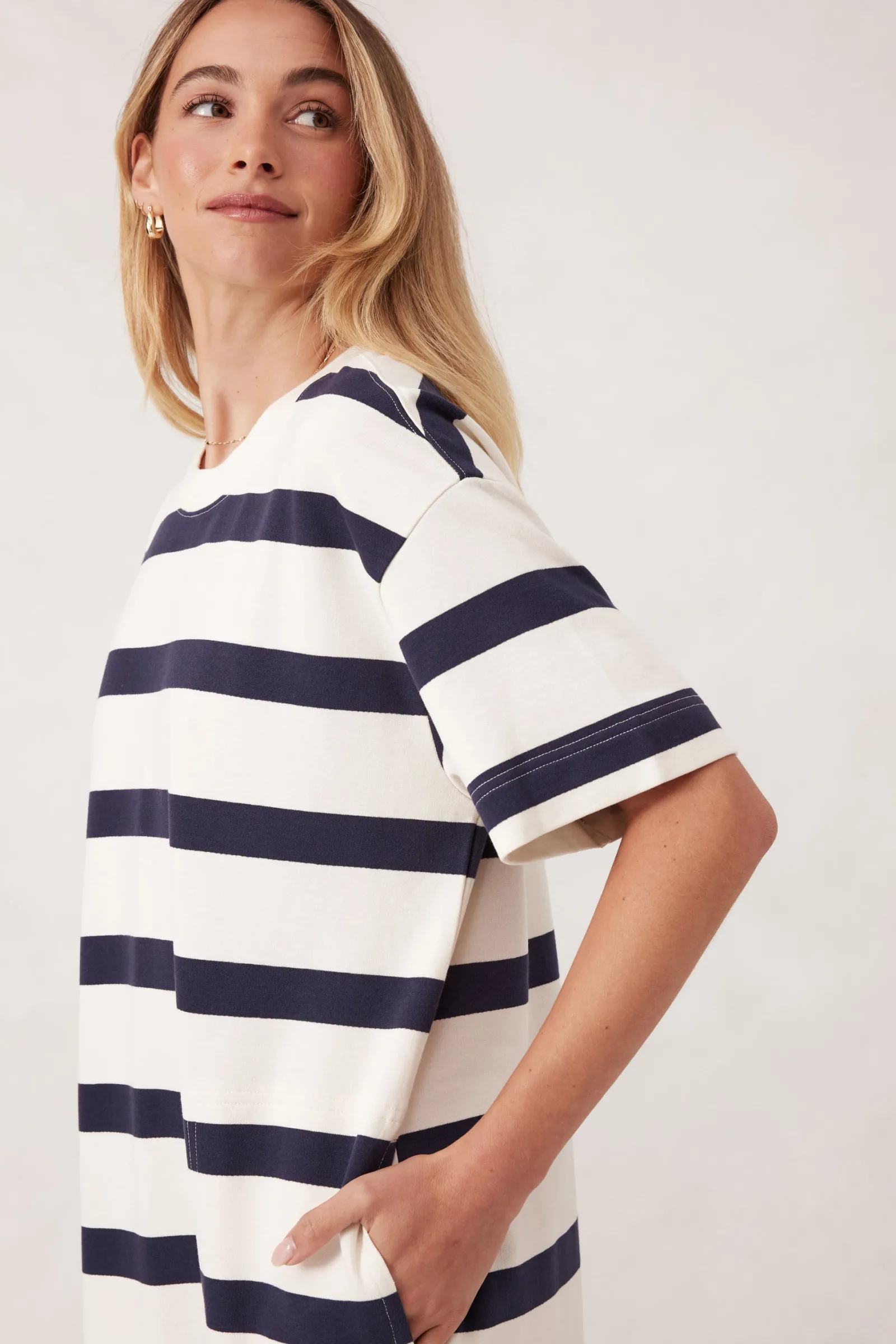 Ceres Life Midi Terry Dress - White Navy Bold Stripe Hot